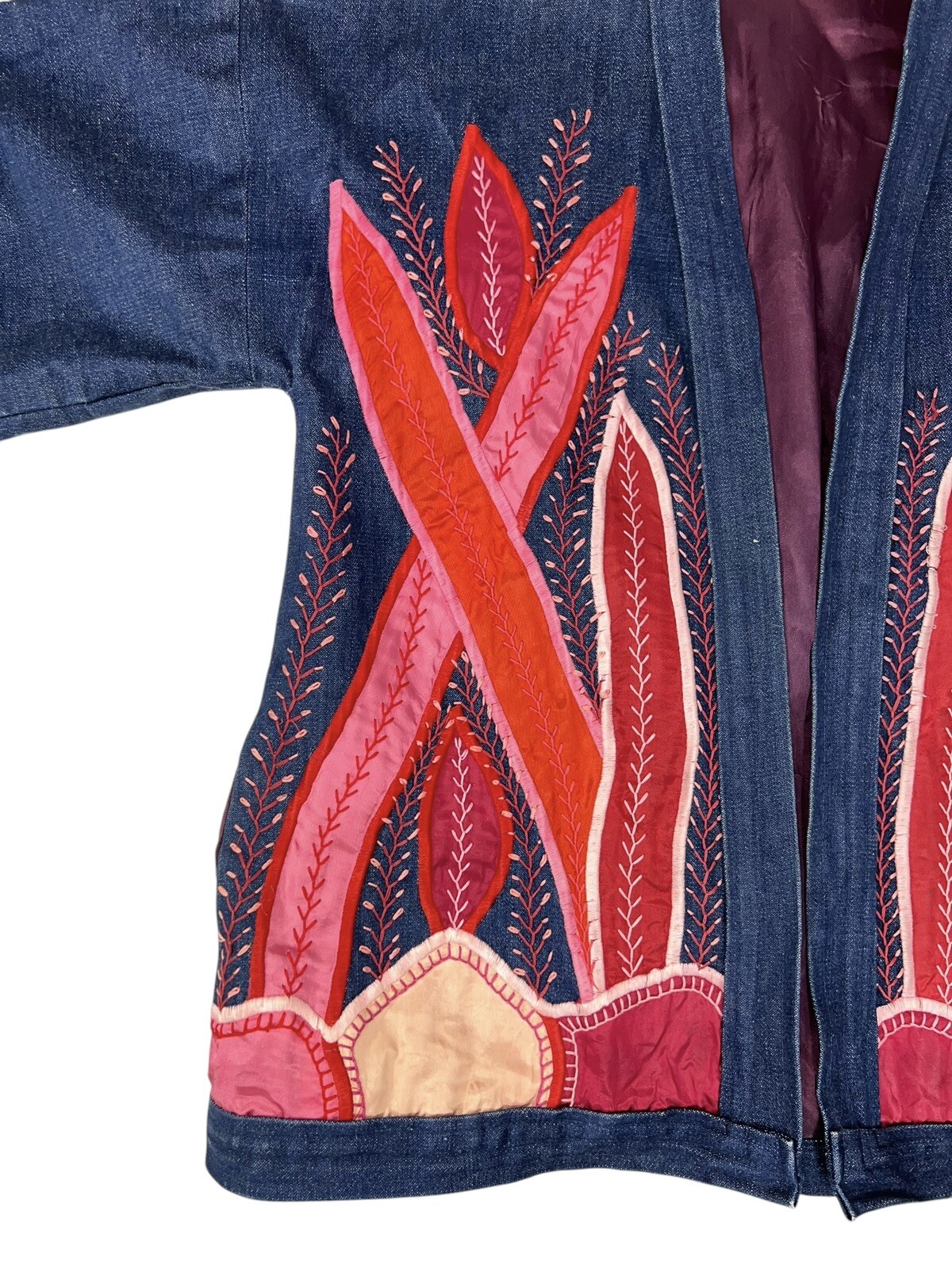 Vtg Judith Roberts La Coleccion Fiber Art Denim Kimono Coat Satin Snake Plants L