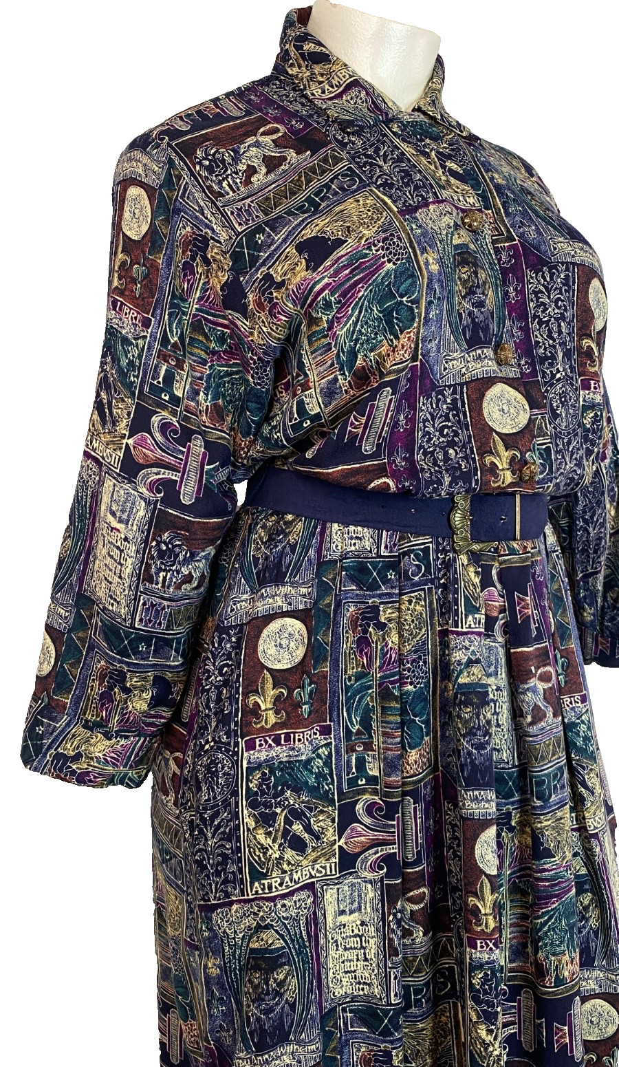 Vintage 1980s novelty print midi dress XL rayon long sleeve plus size purple