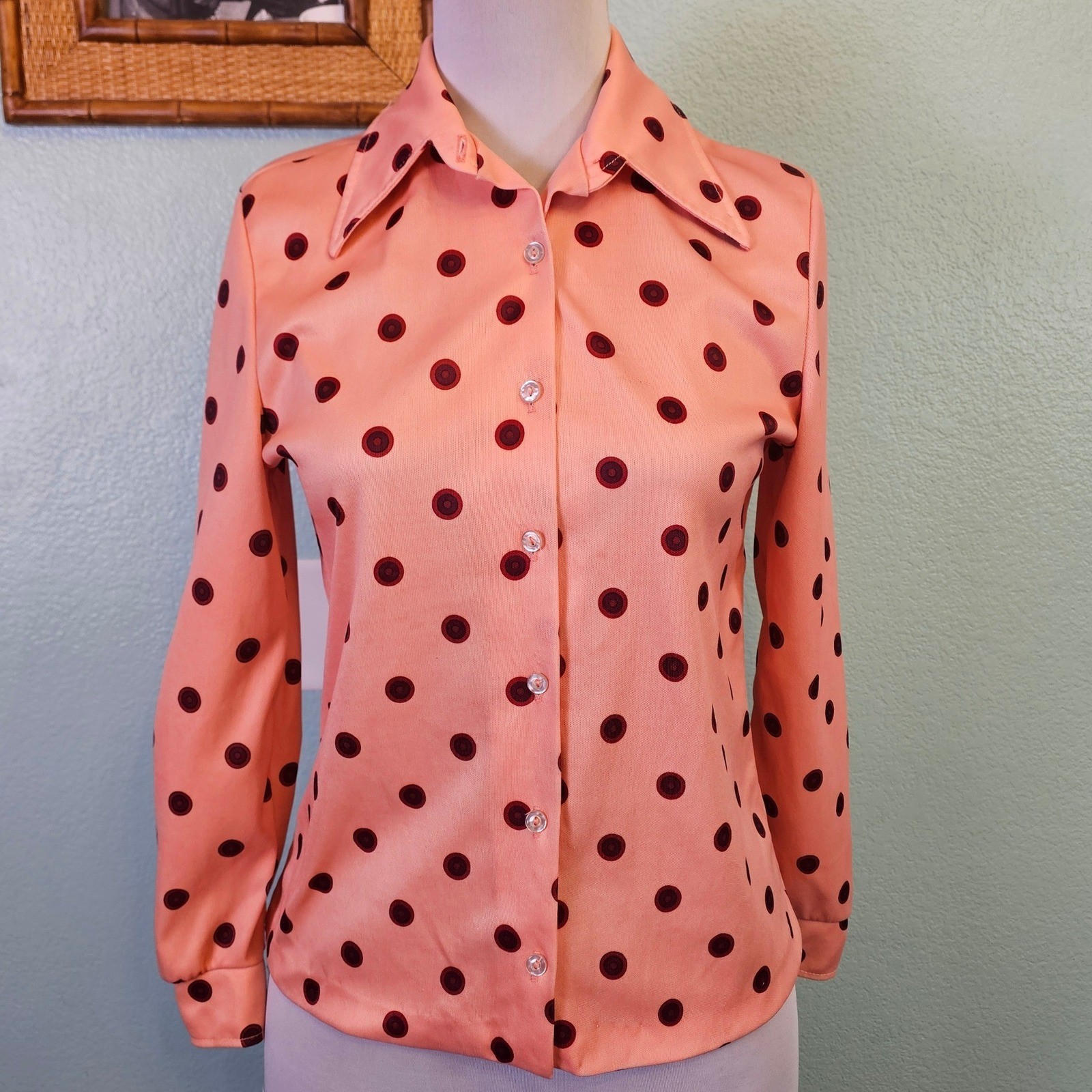 Vintage DeVon Peach Polka Dot Disco Blouse Point Collar Mod Secretary Top Size S