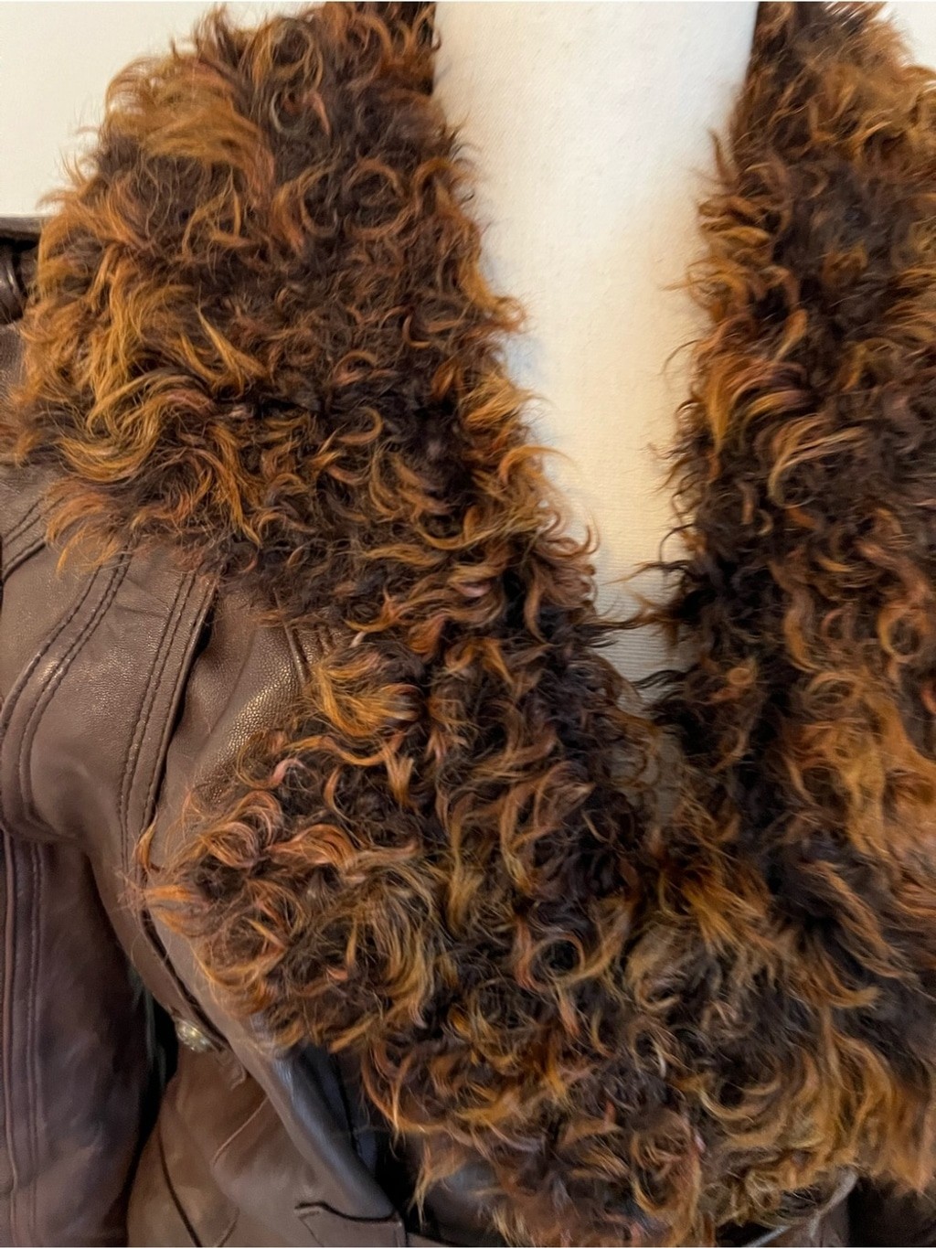 Vintage Brown Genuine Leather Shearling Moto Jacket Fur Collar Toggle Size XS-S