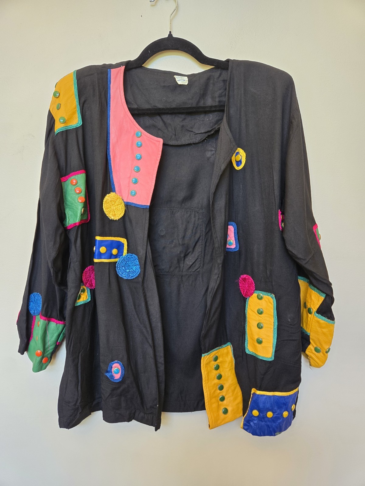 Vintage 80s 90s Womens Outfit Sz M Leather Patch Work Art To Wear Hippie Loose