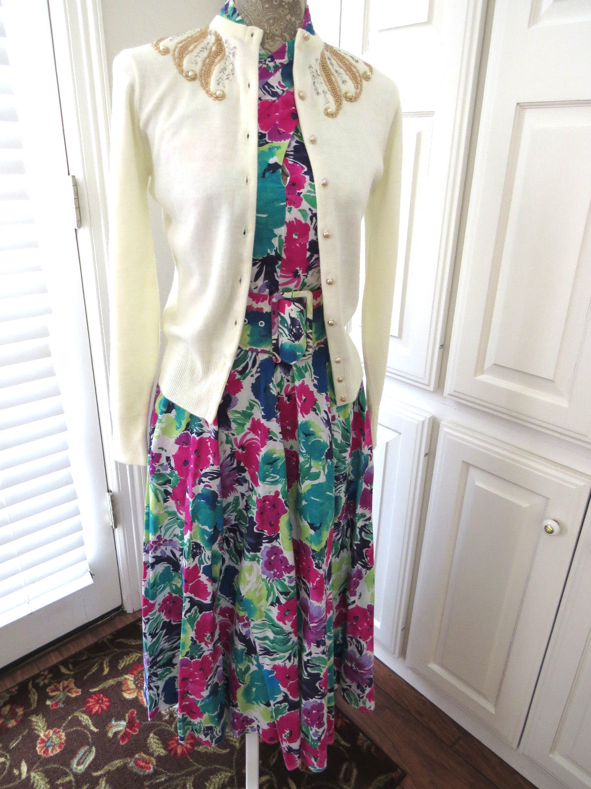 Size Small 5 to 6 Vintage Halter Dress by Act I Turquoise Plum Rose Flowers