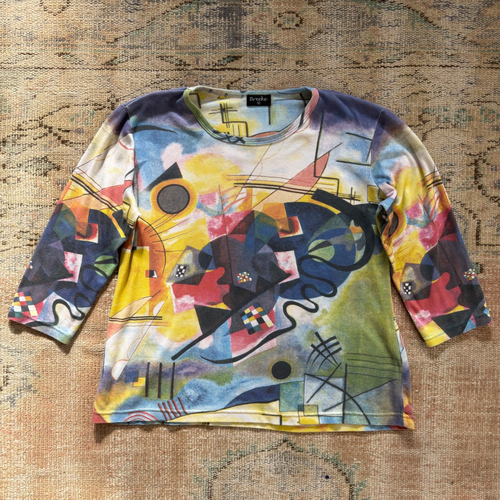 Vintage Breeke Abstract Art Print Top 3/4 Sleeve Multi Color Kandinsky Style XL