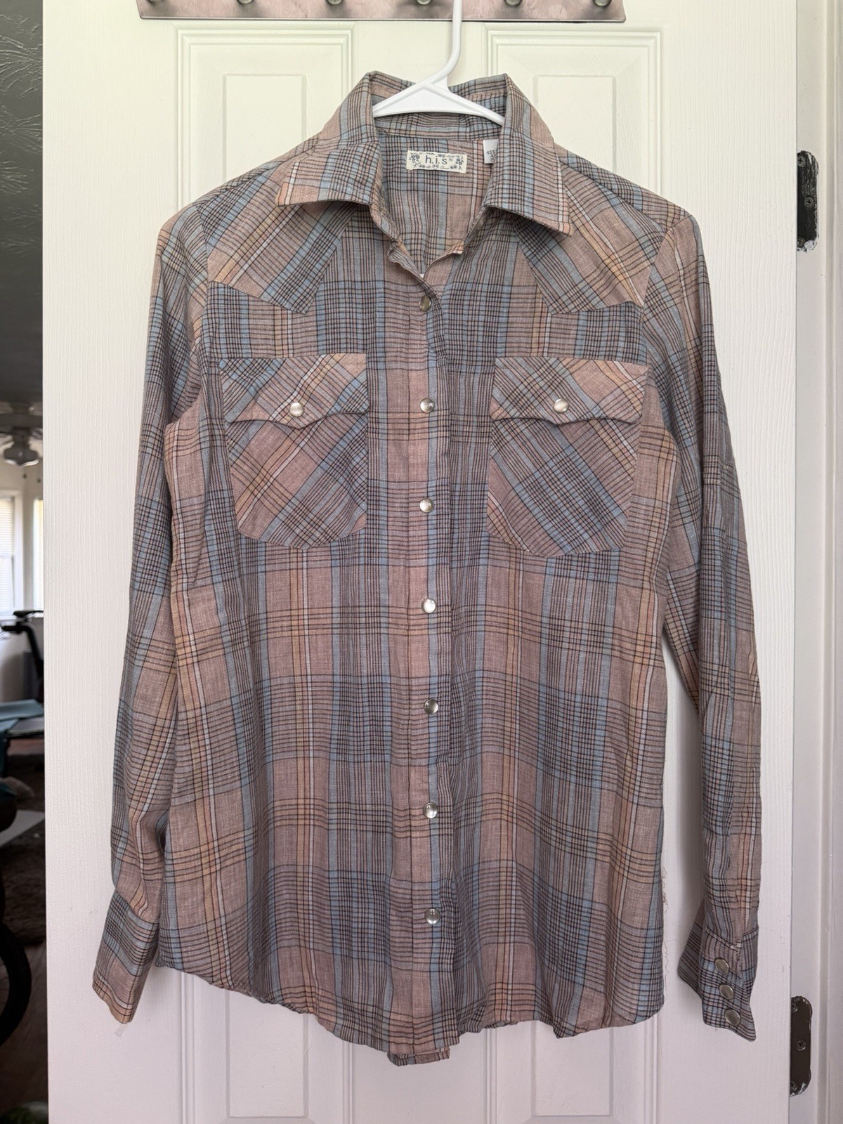 Vintage H.I.S. Dress Shirt M Plaid Pearl Snap Women’s Sz M