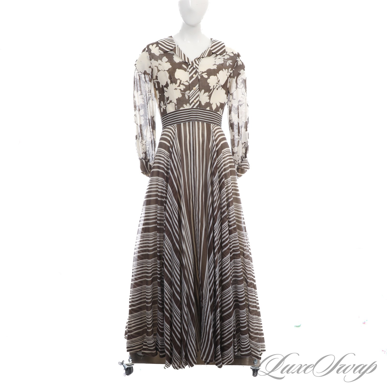 ETHEREAL Vintage 1960s 1970s Chocolate Cream Voile Floral Stripe Gown L/S Dress