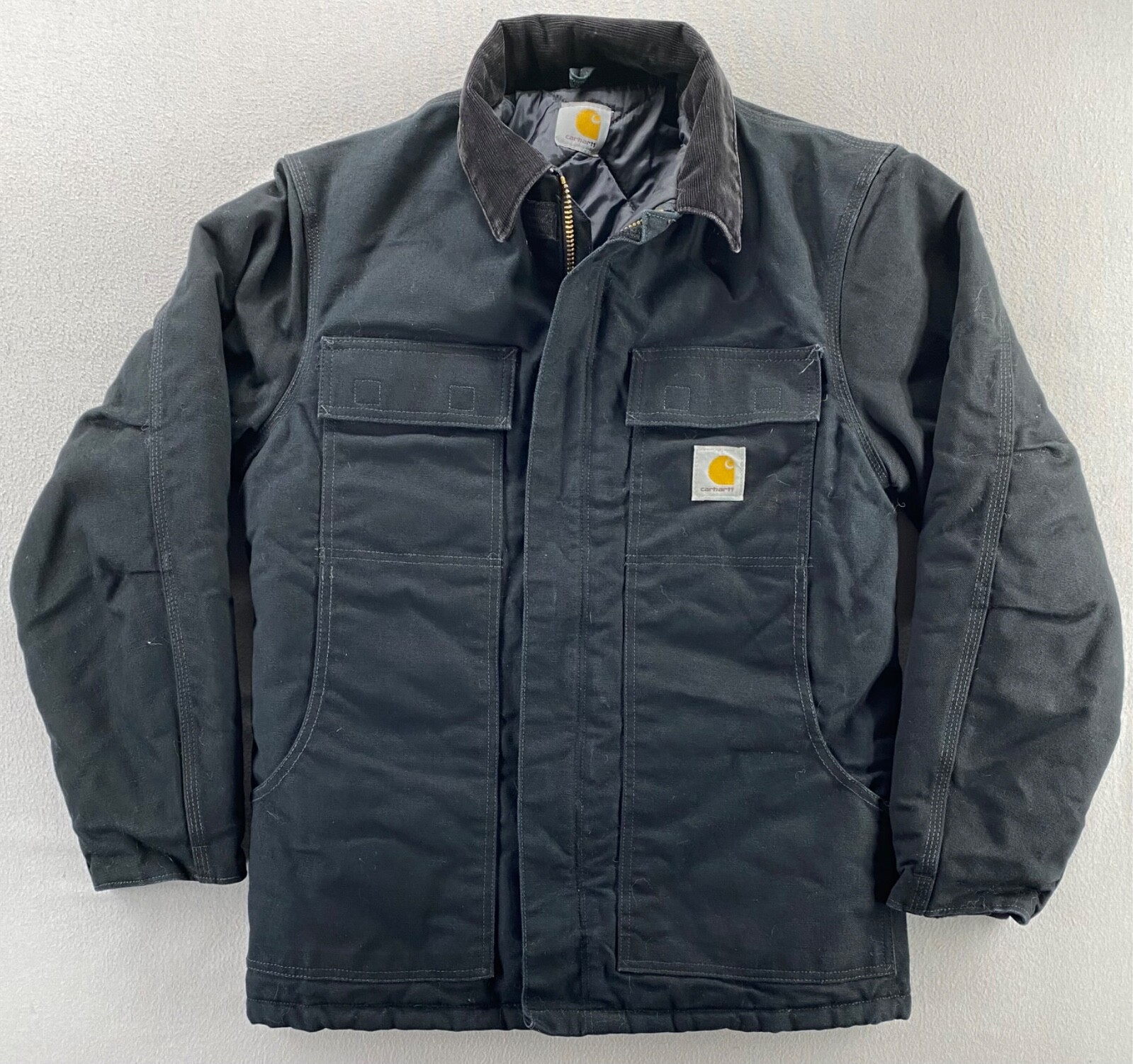 Carhartt Work Duck Chore Jacket Corduroy Collar Black Quilted Lined Canvas READ