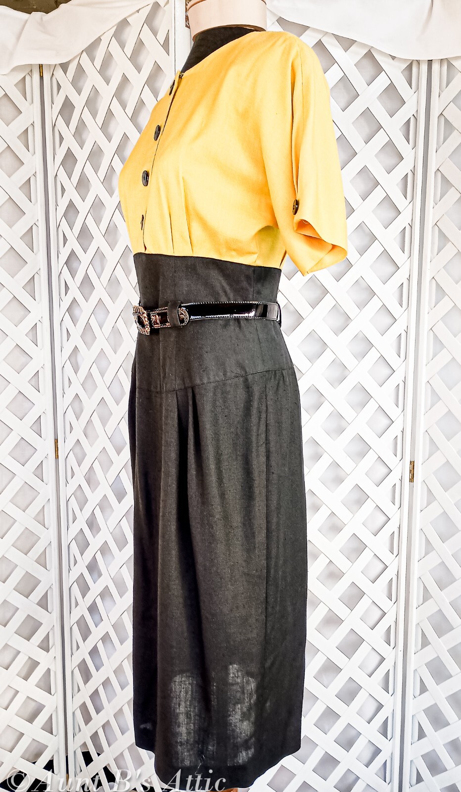 Vintage 80’s Dress Kasper For ASL Yell/Blk Linen Sheath Style Belted Dress 6/7