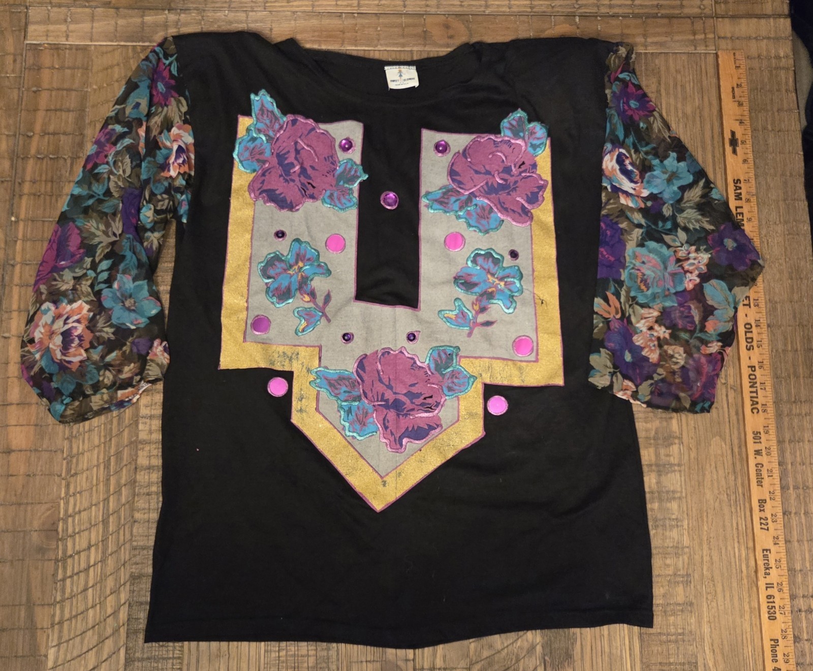 Vtg 90’s Sweet Blondie Floral Design Sheer Sleeves Pads Tshirt USA Made