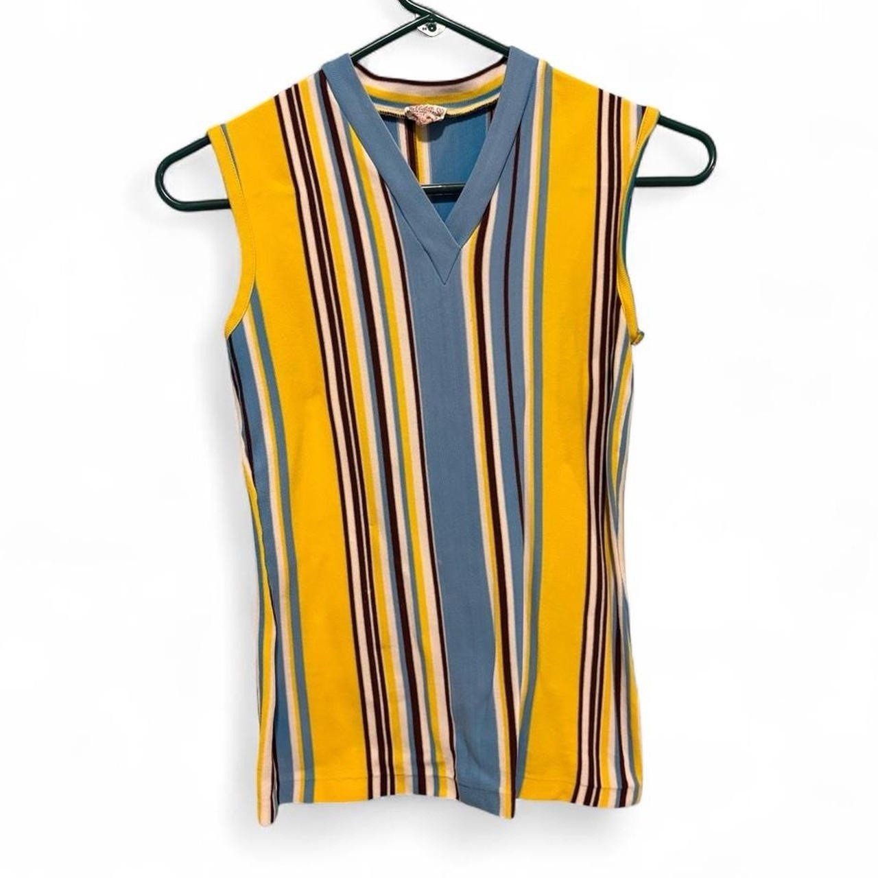 Vintage Striped Tank Top Sz S 1970s Women’s Retro 70s Vtg Yellow Brown Blue Cool