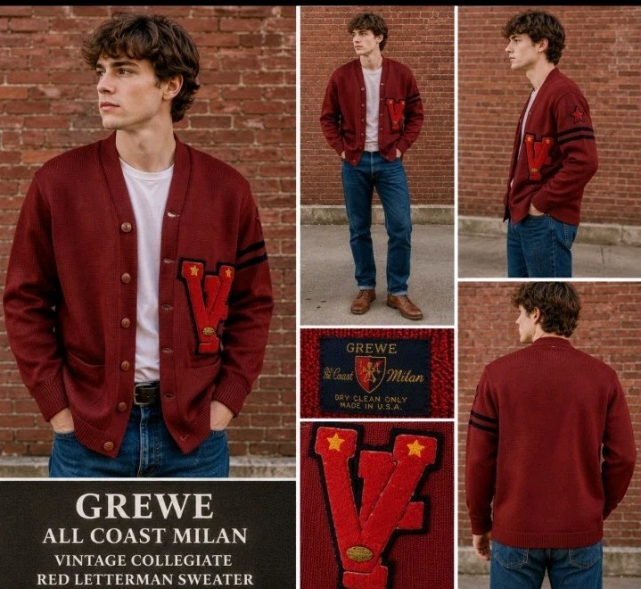 Grewe all coast Milan Vintage Collegiate RED Letterman Sweater FITS M „VH” #E