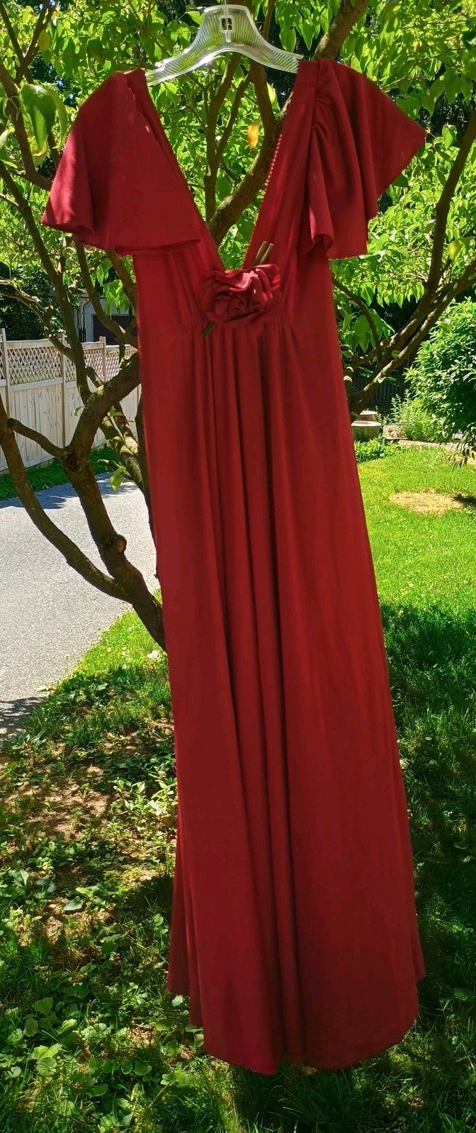 Vtg Maxi Dress S Cranberry Red Disco Flutter Grecian Joseph Magnin w Flower Pin