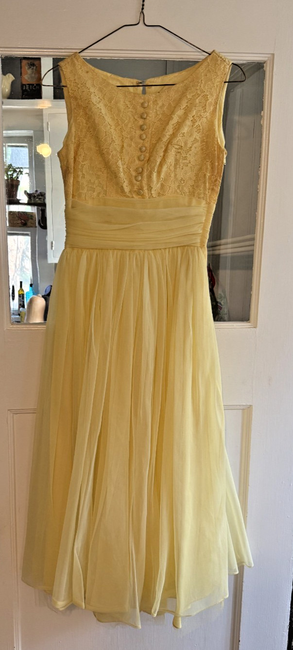 Vintage Tea Length 1958 Formal Prom Dress in Yellow XS