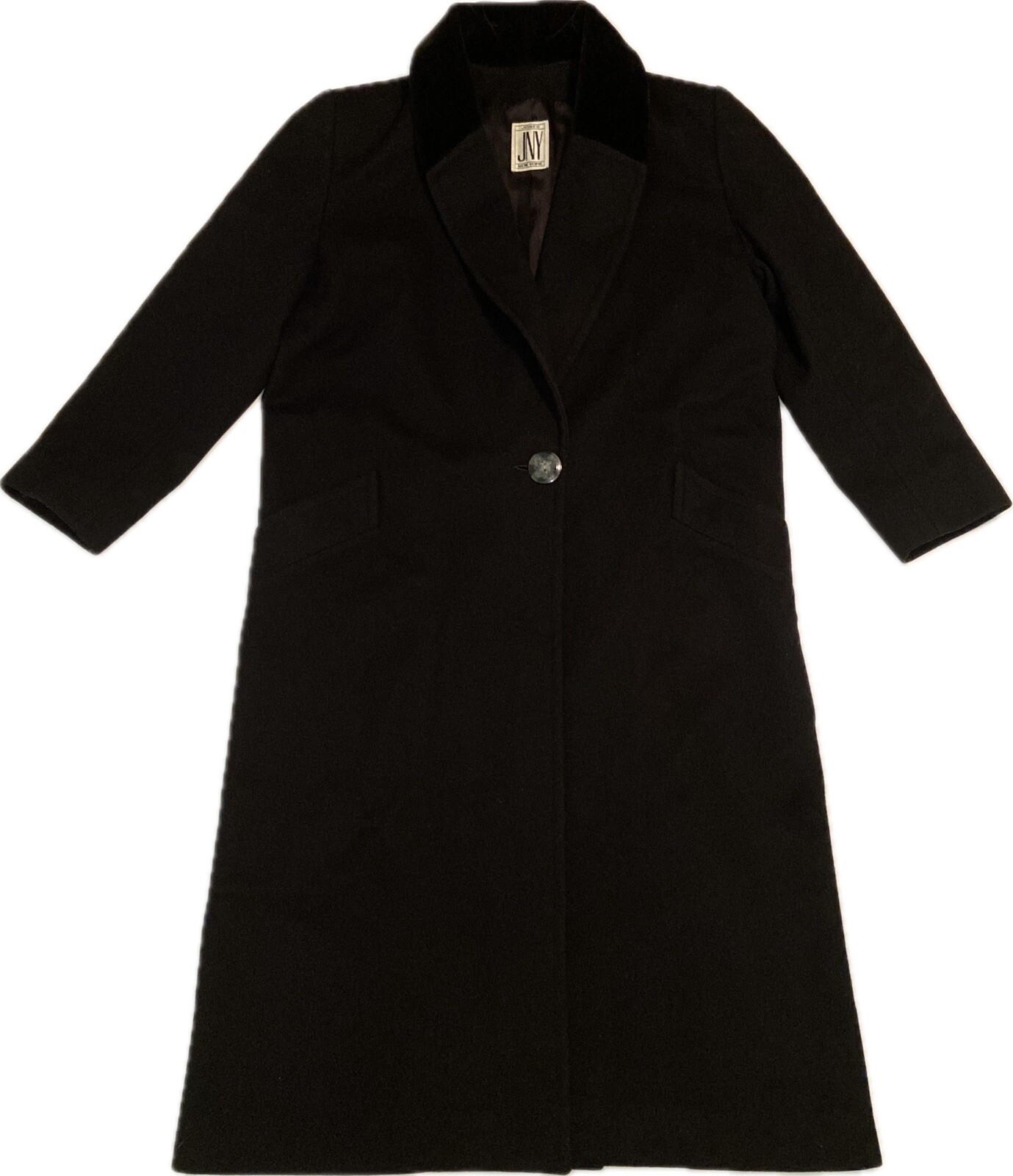 Jones New York 100% Wool Long Overcoat Sz XL Black JNY Velvet Collar Lined Coat