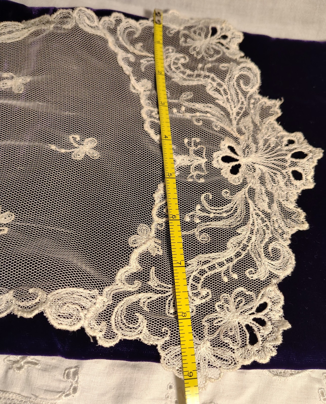 Vintage Lappet Scarf 36″ Ivory Net Lace Machine Embroidered Rectangle Runner