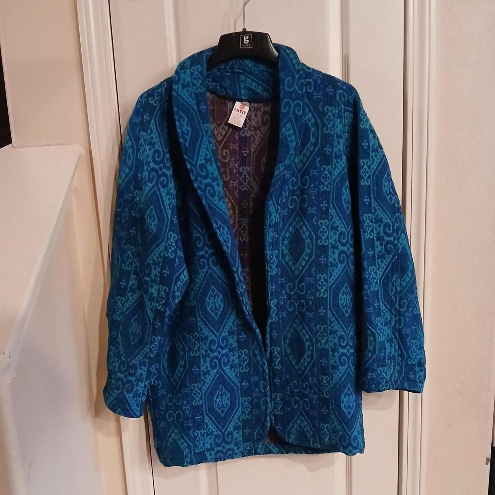 Vintage Teal Jaccard Weave Boho Hippie Tapestry Jacket Made in Turkey