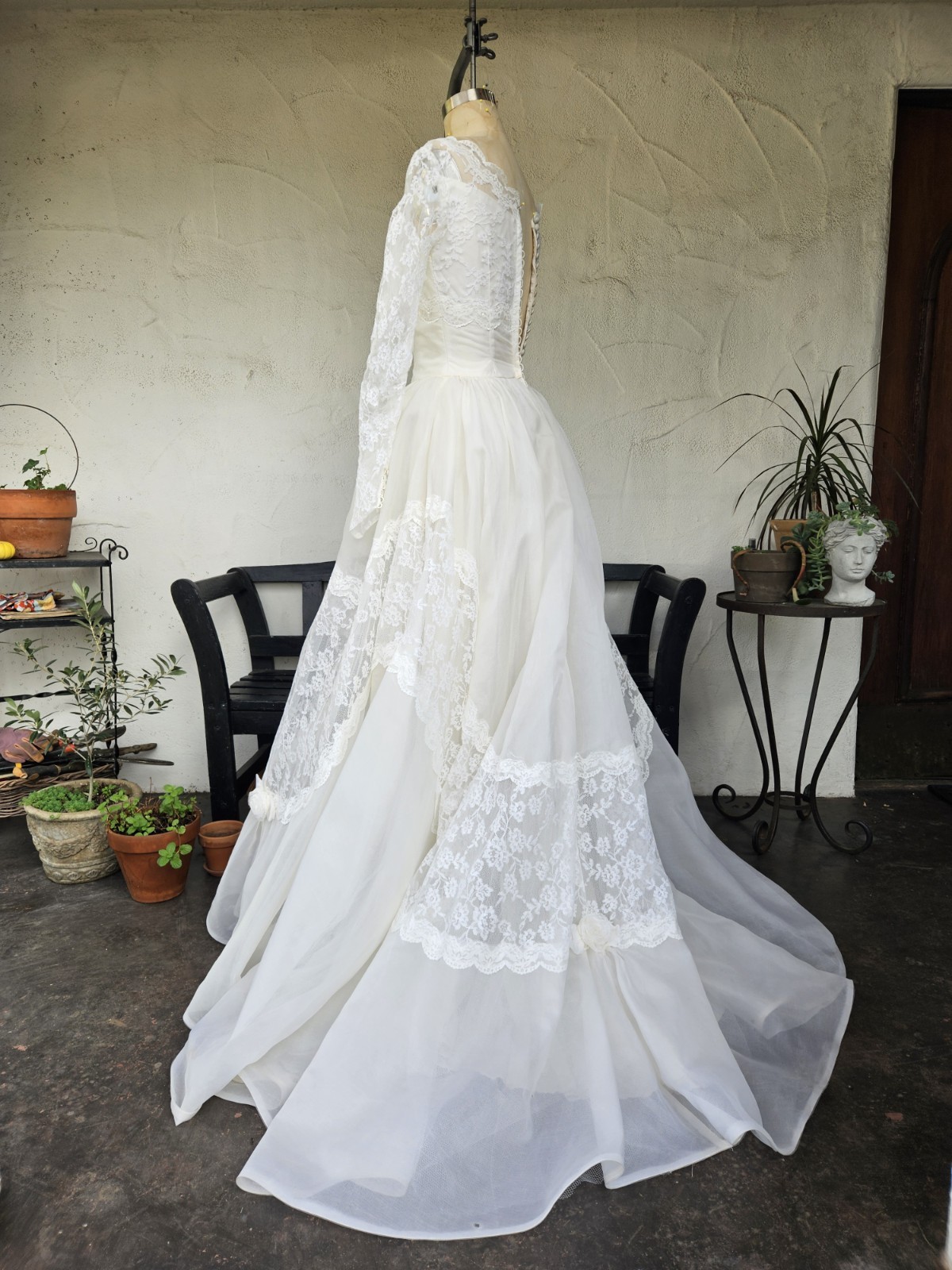 Vintage 1950s Silk Wedding Dress Cinderella Ballgown Lace Sleeves Basque Waist M