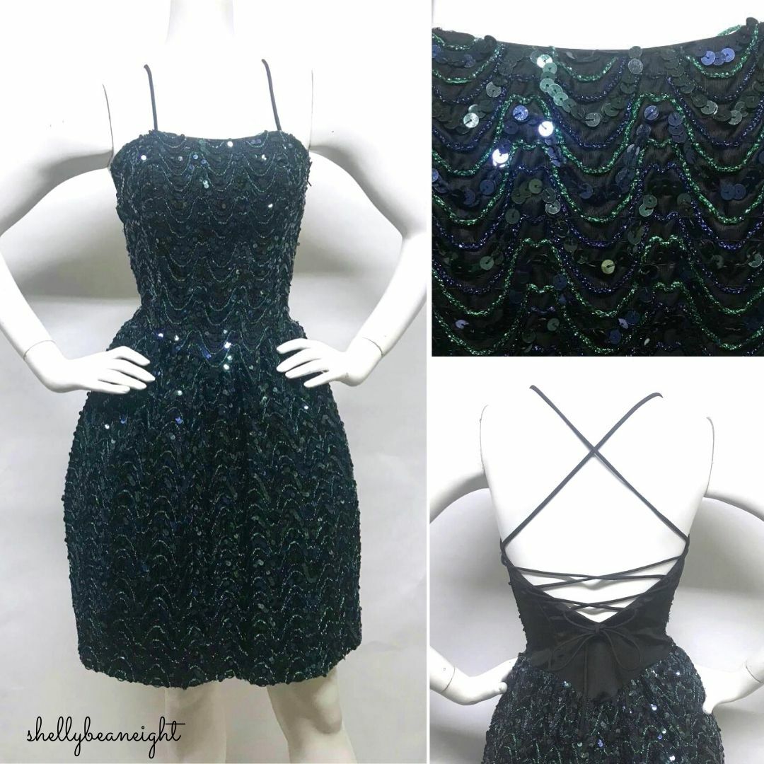 VTG GUNNE SAX Jessica MCCLINTOCK 80s 90s Sequin Dress LACE UP OPEN Back XS 0 2