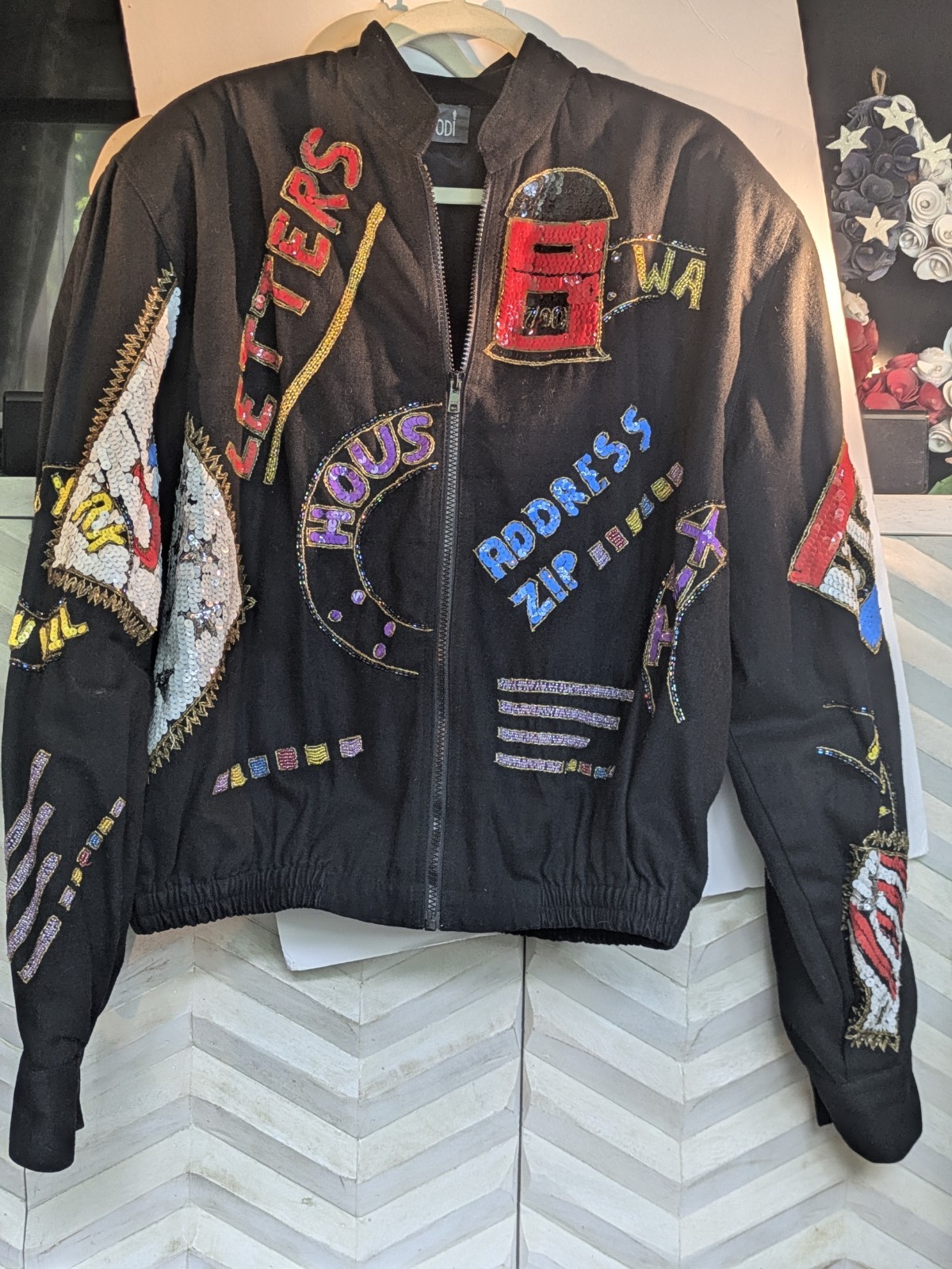 VTG 80’s MODI DENIM US POSTAGE Sequin Embellished Bomber Jacket Size 10/12 Coat