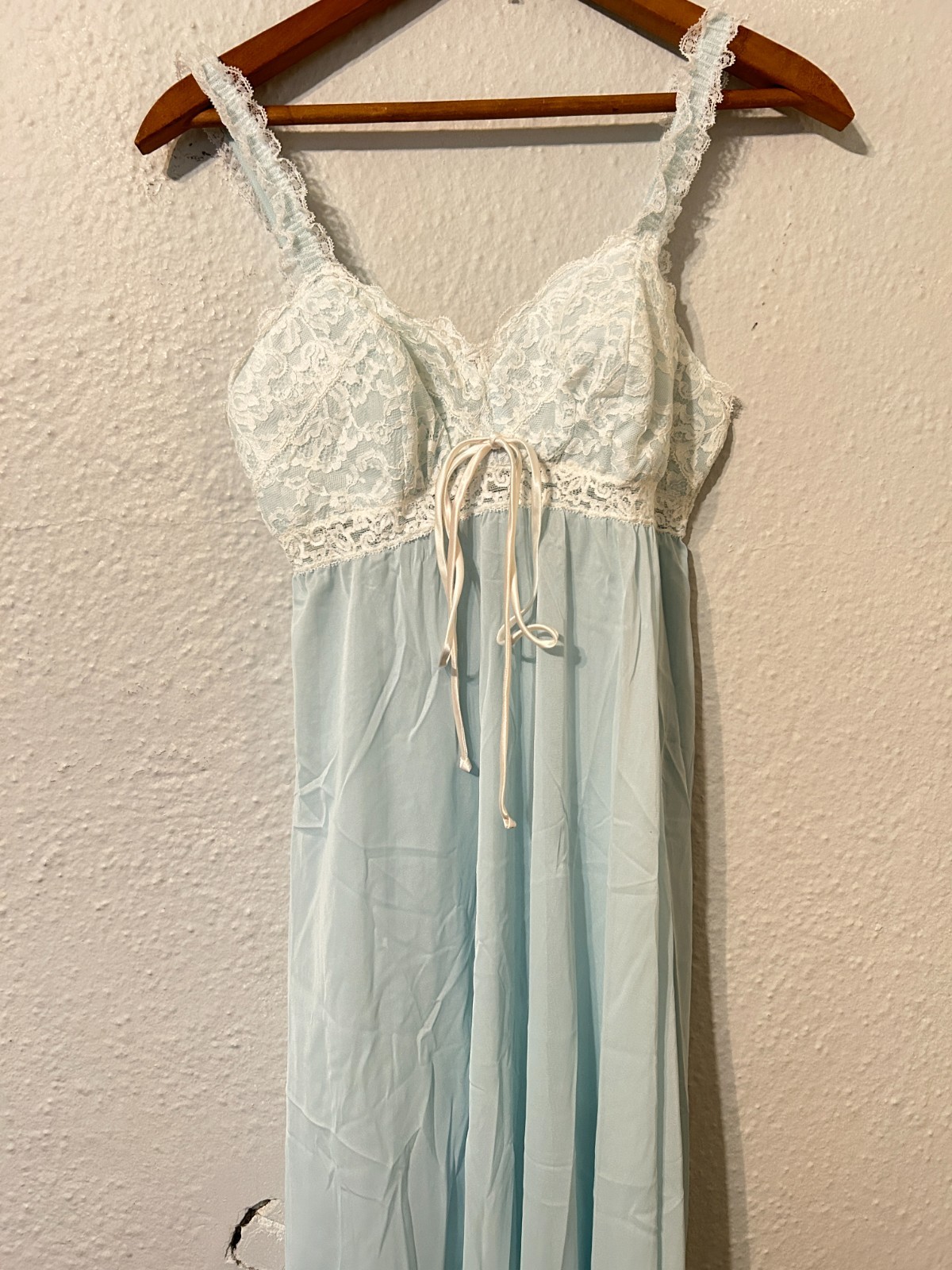 Vtg 70s Small Light Blue White Soft Padded Bra Top Nylon Nightgown Lace Maxi