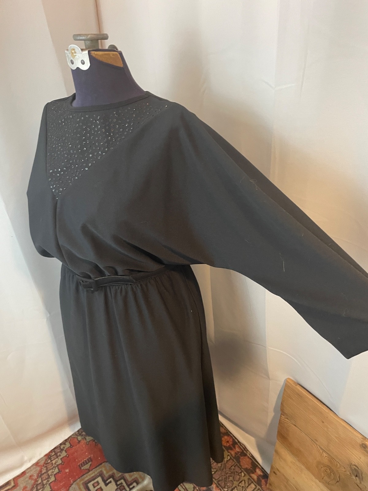 Black Glitter Sparkle Disco Party Dress 1970s Vintage with Belt 18 XL