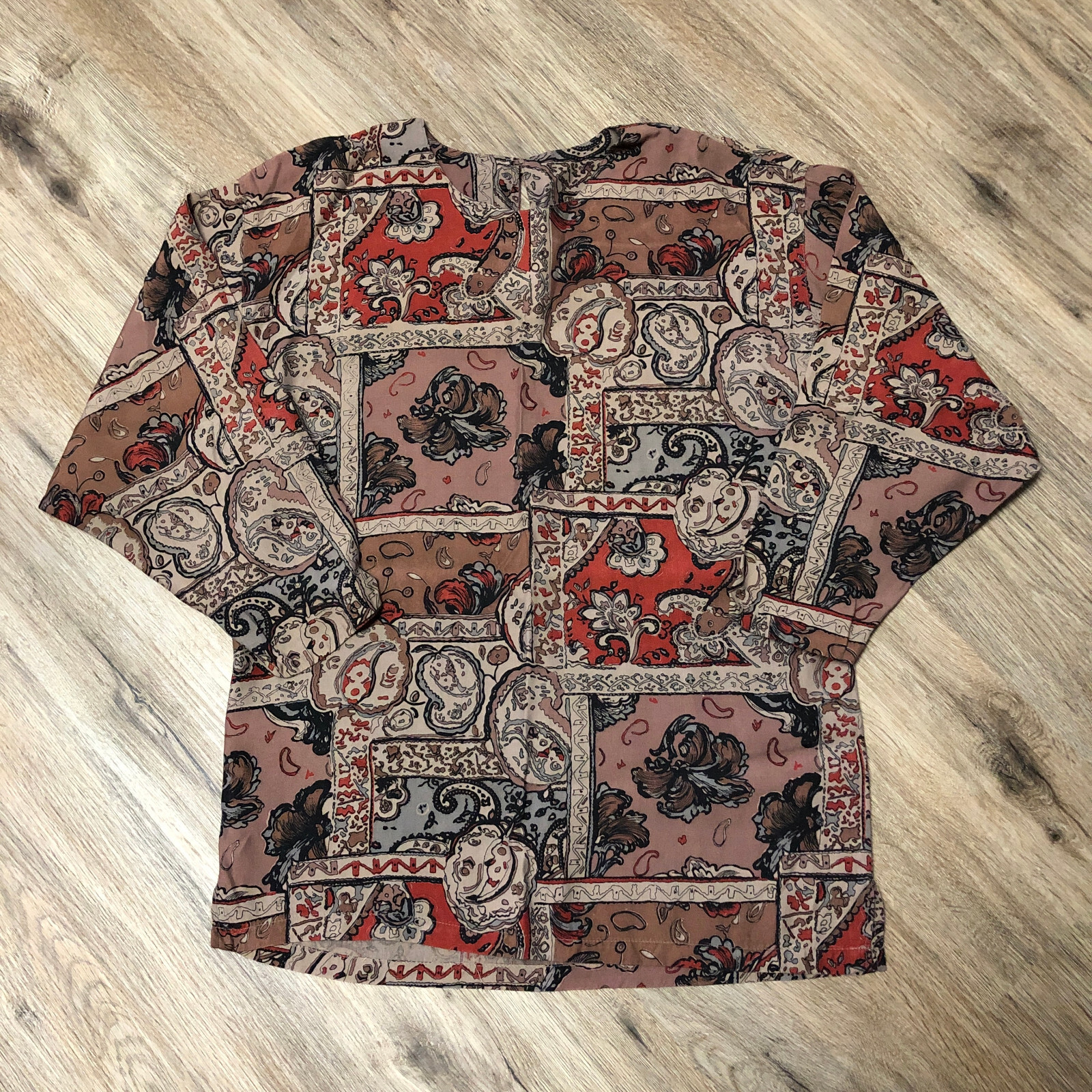 Vtg Paisley Persian Rug Print Batwing Dolman Sleeve Oversize Shirt Blouse Top S
