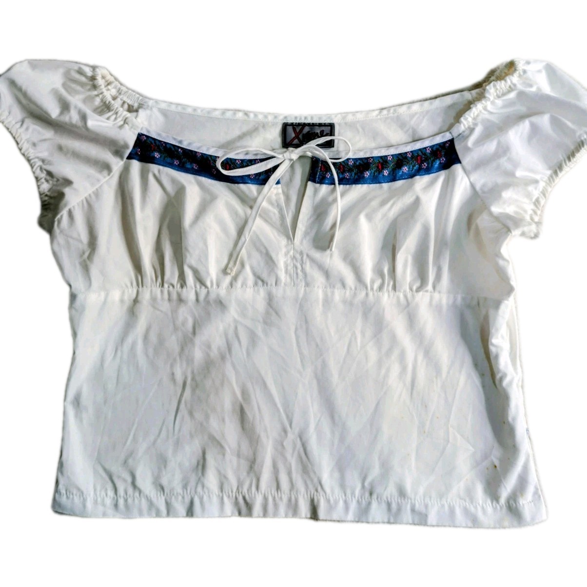 Vintage 90s Y2K Milkmaid Top White Cotton Embroidered Puff Sleeve Size L AU14