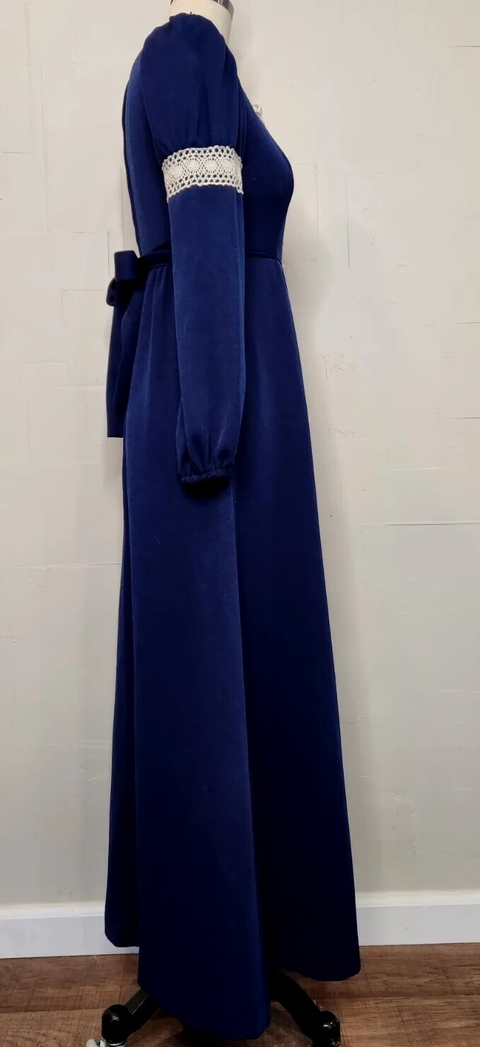 Vintage 70s Royal Blue Ivory White Lace Maxi Dress Tie Empire Waist S or M