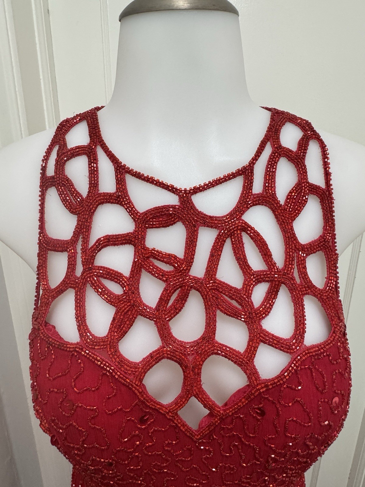 Sean Collection Vintage 90s Red Sequin Silk Gown Beaded Cage Back Formal L