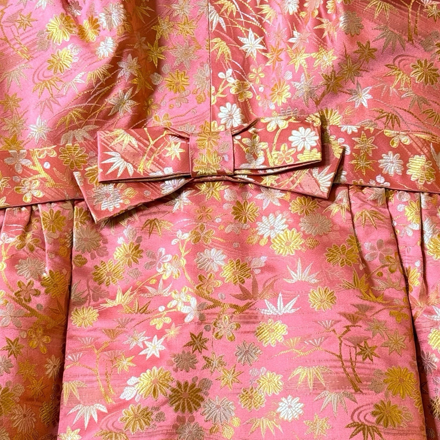 Handmade Silk Brocade Dress Pink Gold Floral Asian Inspired Bow Waist Small