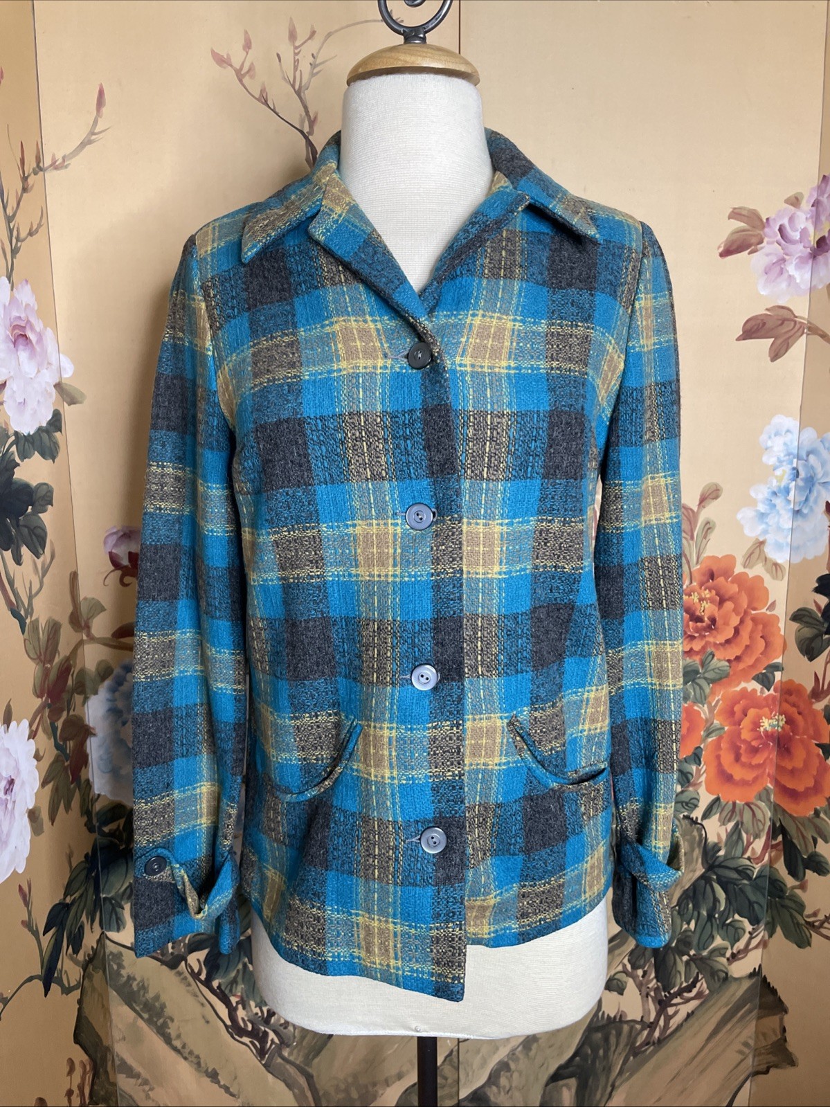 Vintage 1940s Sz S Graff Californiawear Pure Wool Plaid Shirt Jacket Chore Coat