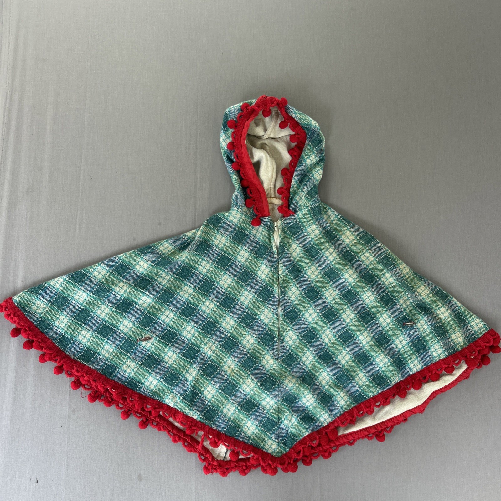 Vintage 60s 70s Hooded Cape Poncho Talon Zipper Pom Pom Trim Mod Boho