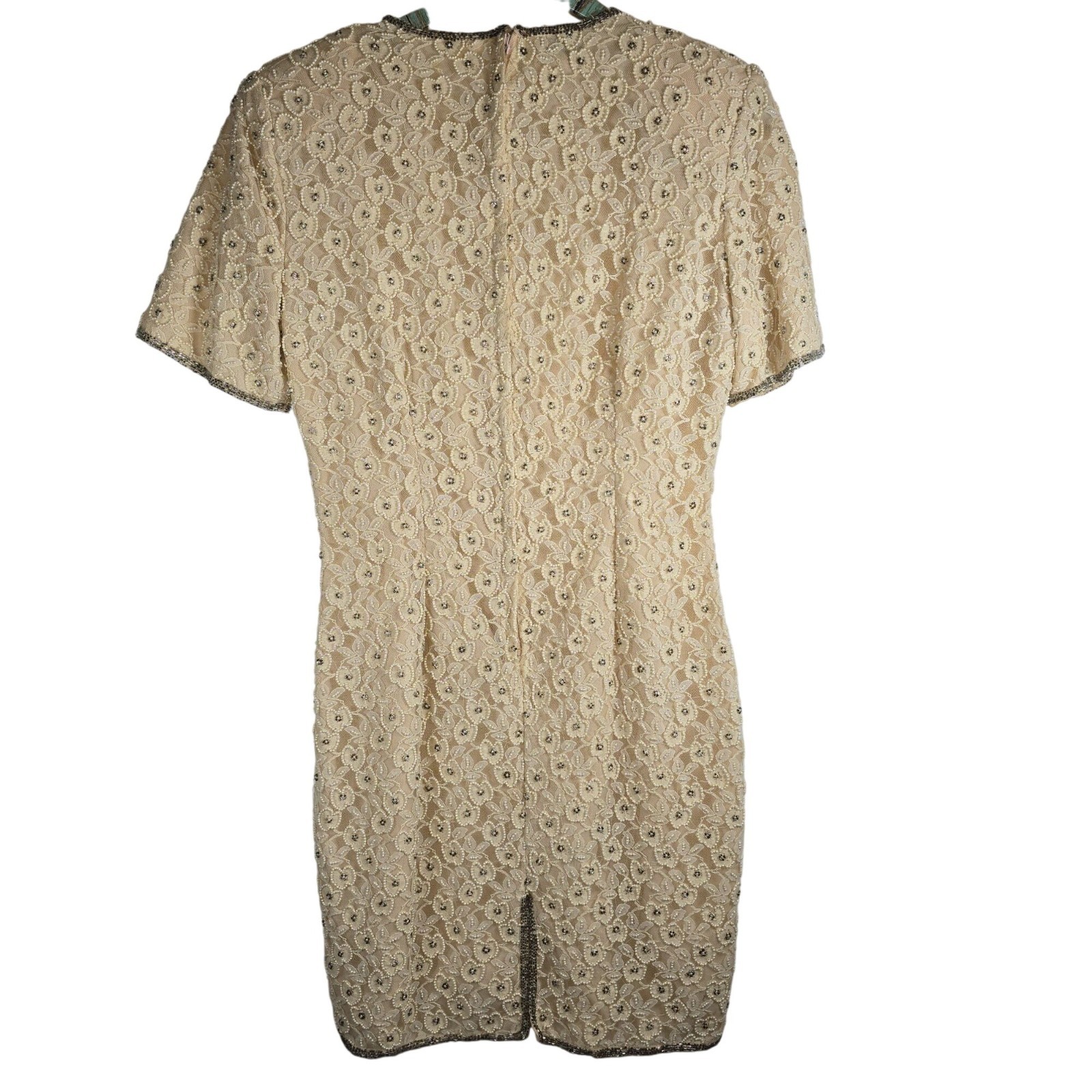 Vintage Stenay White Pearl Silver Bead Champagne Lace Mini Sheath Cocktail Dress