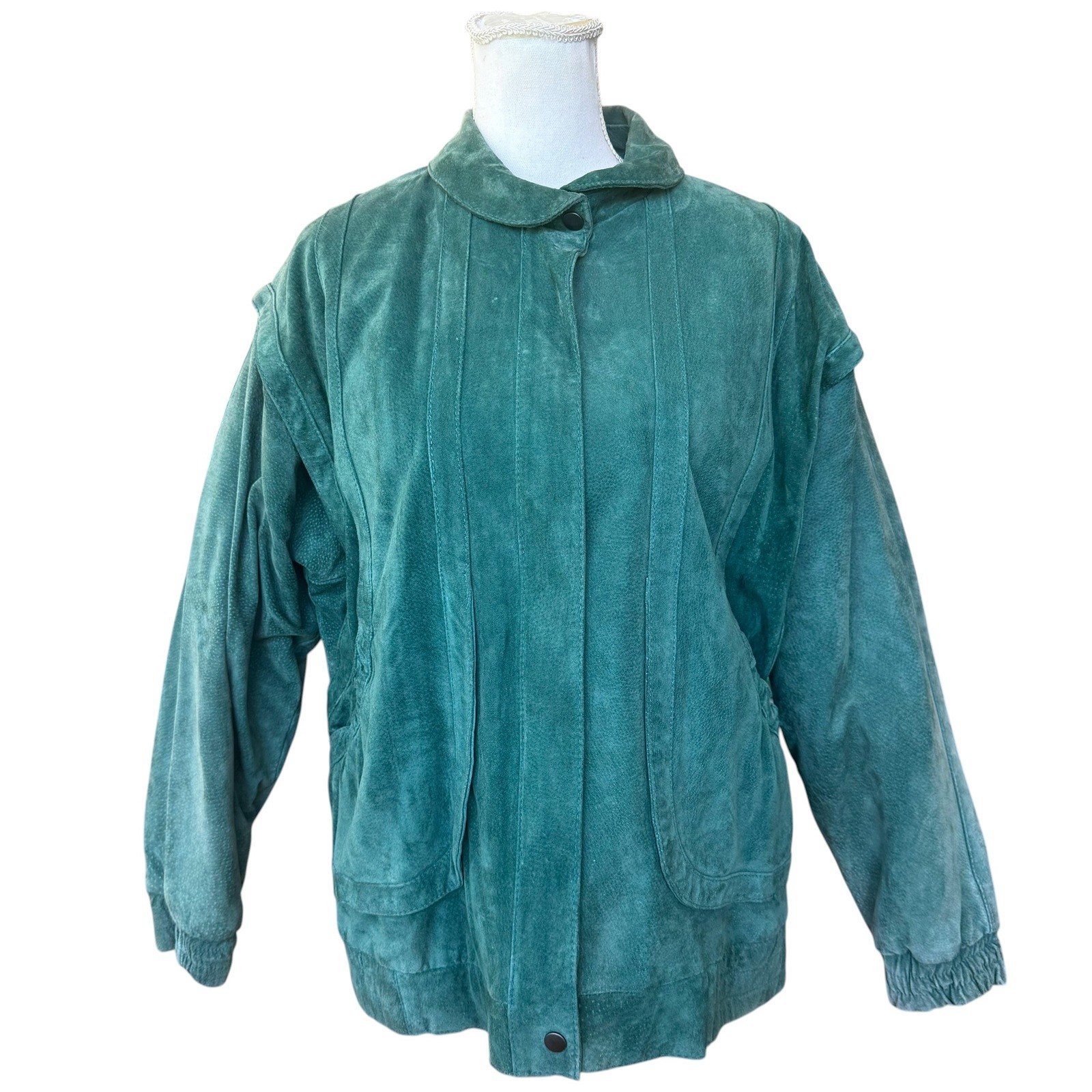 Vintage Avon Fashions Teal Green Suede Leather Bomber Jacket 80s Dolman Sleeve M