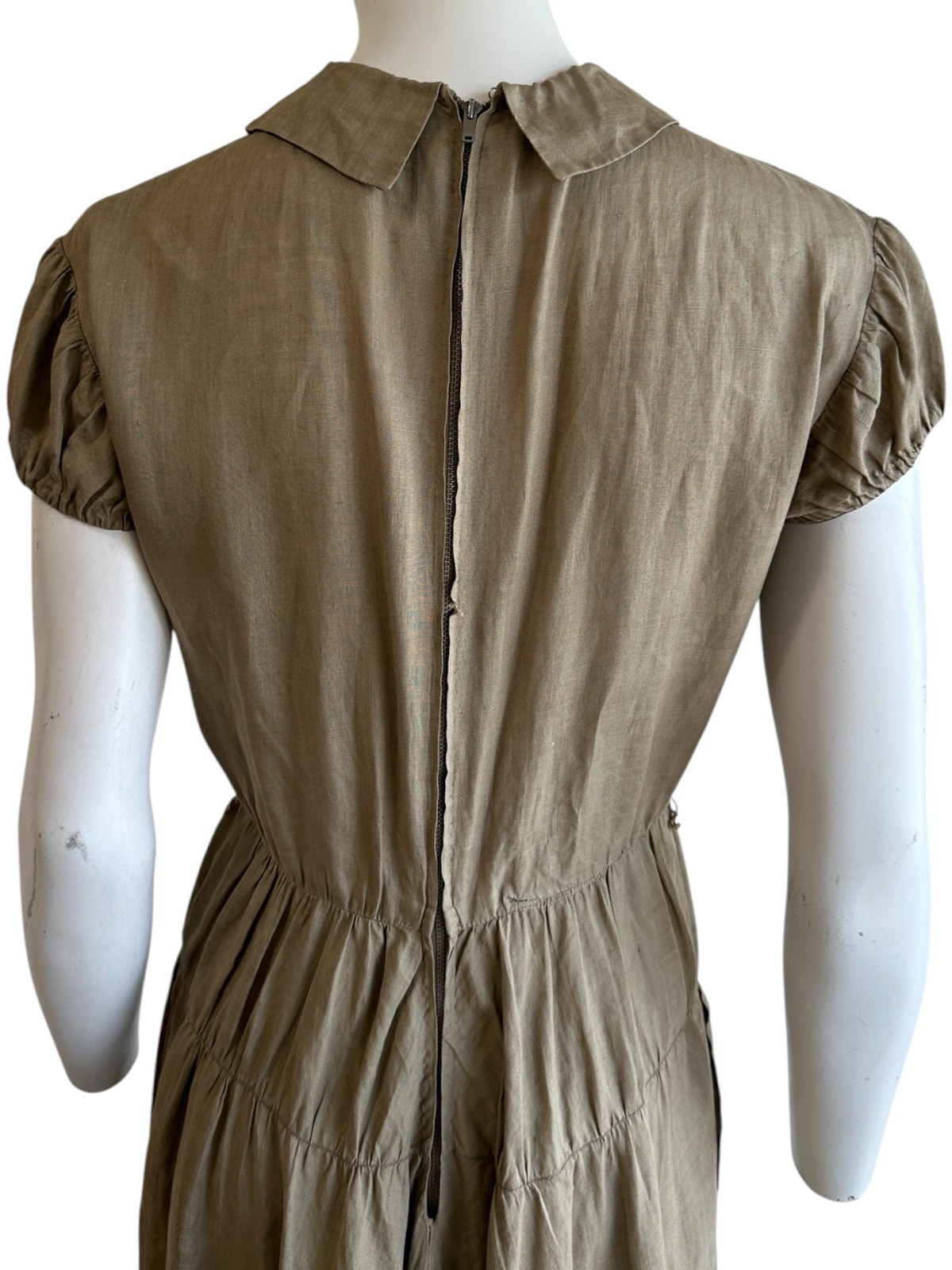 1940s 1950s Olive Green Dress Peter Pan Collar Rayon Linen Feel