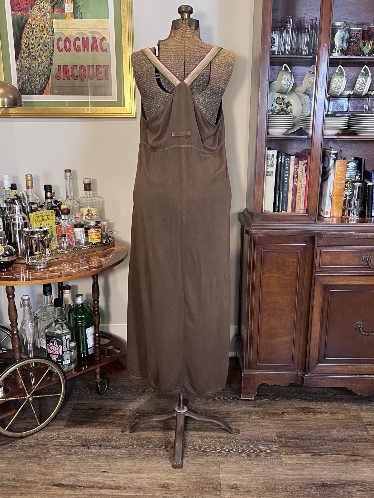 Vintage 80s CDC Wear Brown Floral Criss-Cross Back Maxi Jumper Dress