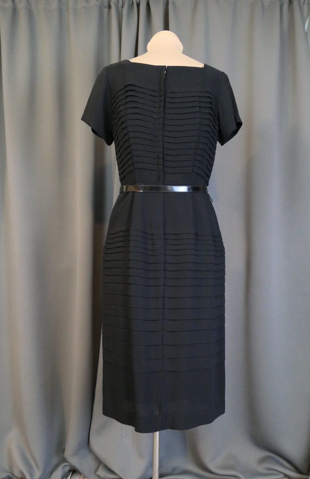 Vintage 1950s Black Pleated Dress, Hourglass Fitted, Gloria Swanson, 35 bust