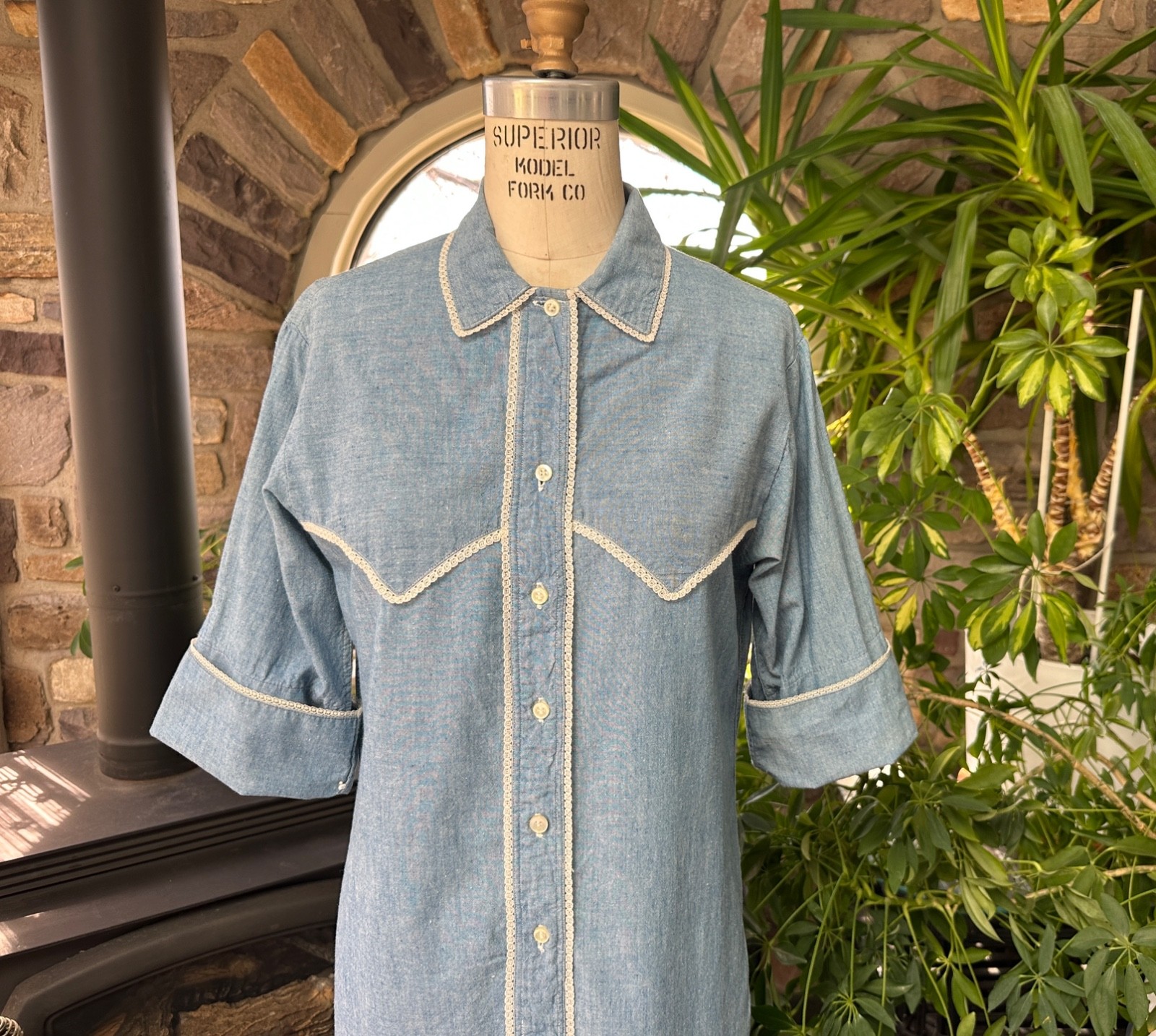 Vintage 1960s Blue Chambray White Lace Trim Shirtdress Langtry Ltd