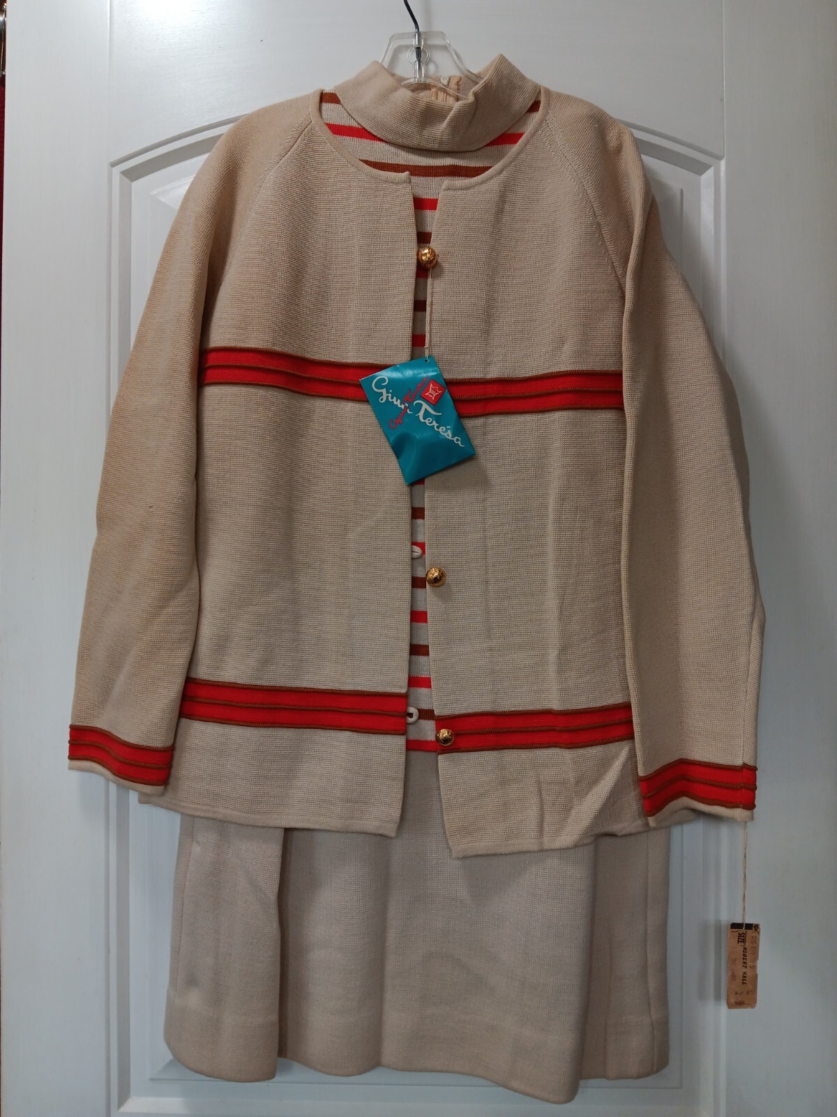 Vtg Gina Teresa Wool Skirt Set 3pc Tan Orange 14 Hong Kong NWT 60s 70s Fits L
