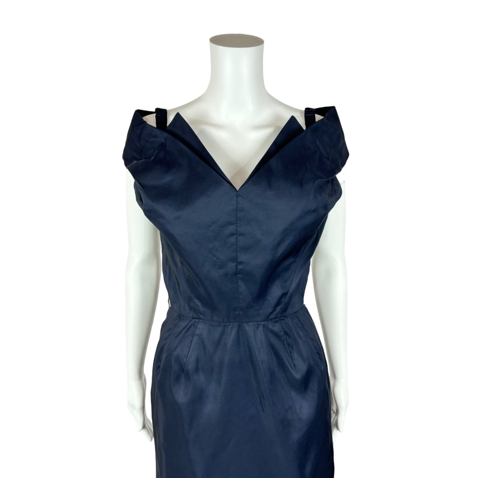 Vintage 50s Cocktail Dress Women’s XXS Winged Bodice Dark Blue Bombshell Pin Up