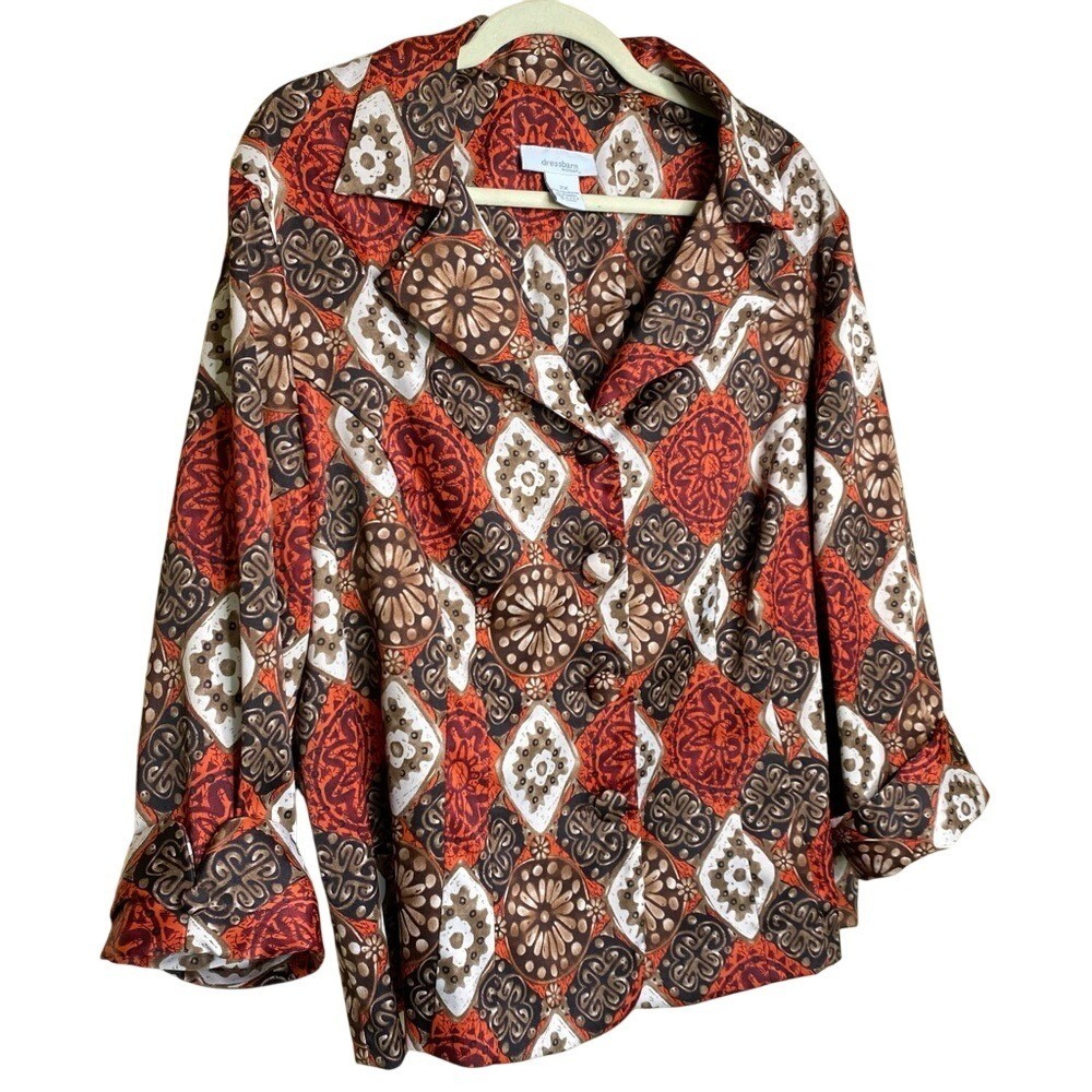Dressbarn Jacket Women 2X Vintage Geometric Medallion Print Button Front 3/4 Slv