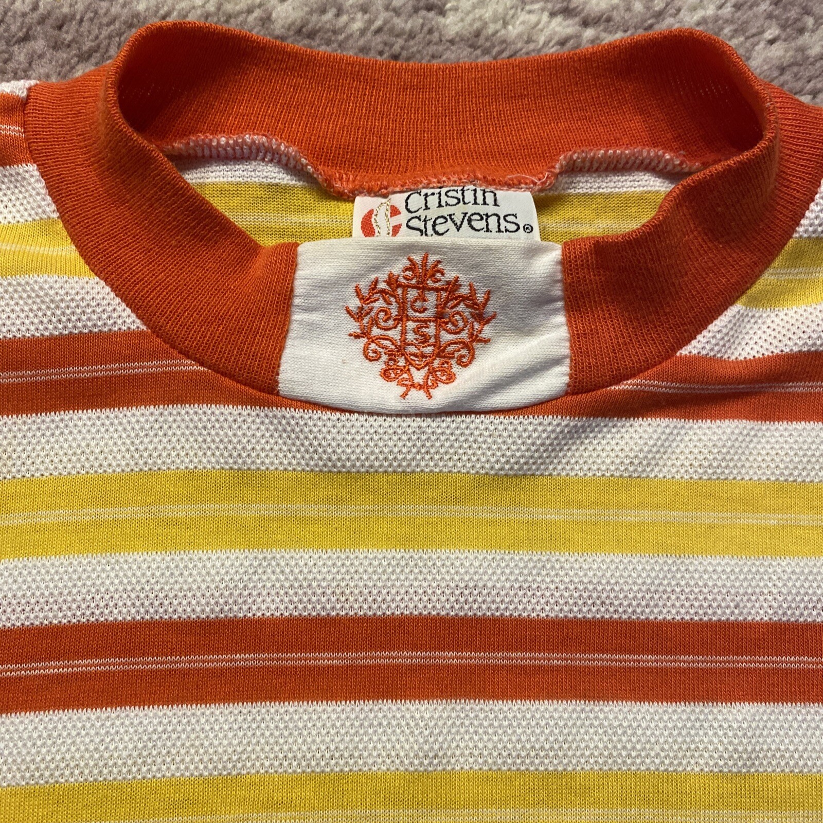 VTG Cristin Stevens Weave Netting Shirt Orange Yellow Shoulder Pads Stripe L EUC