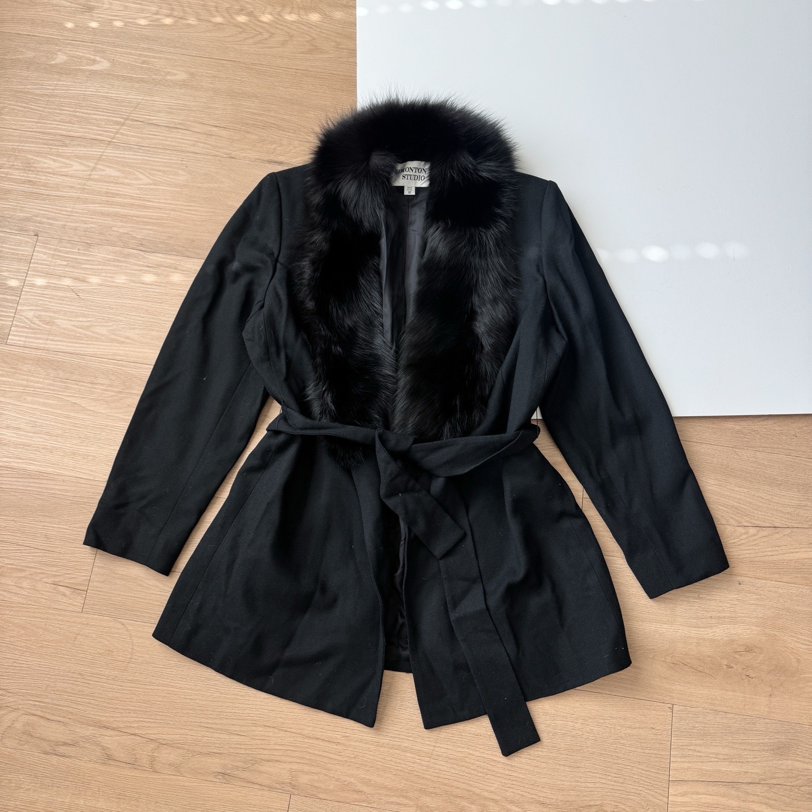 Vintage Wool Jacket Fox Fur Collar Black USA 90s Simonton Studio Large