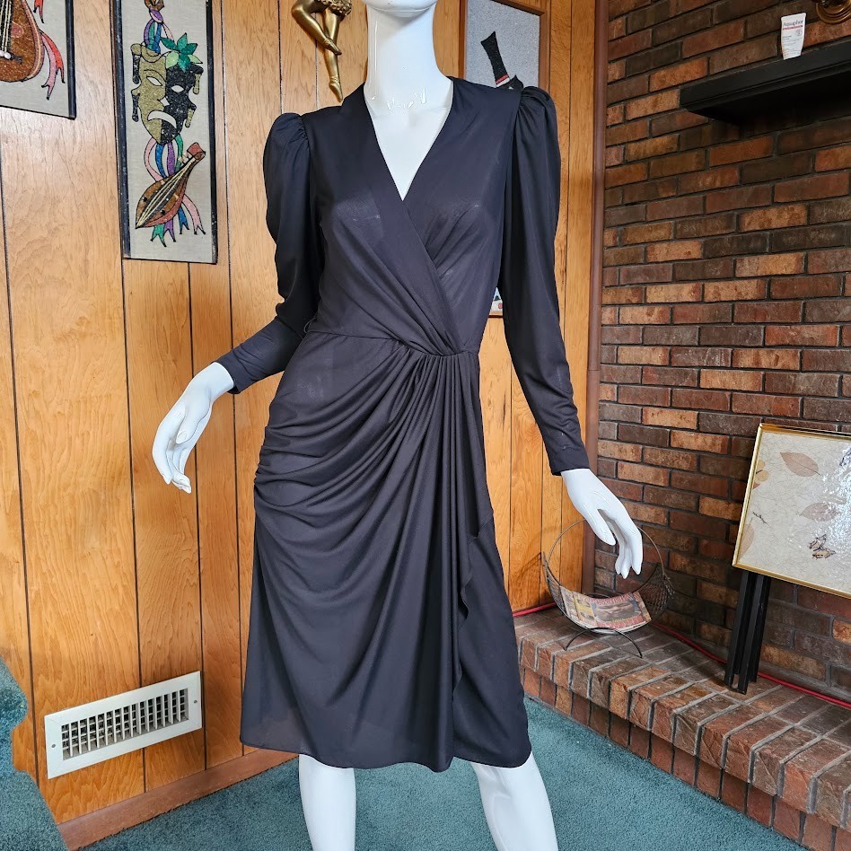 Vtg 70s Slinky Disco Wrap Plunging Neckline Draped Liquid Jersey Party Dress S/M