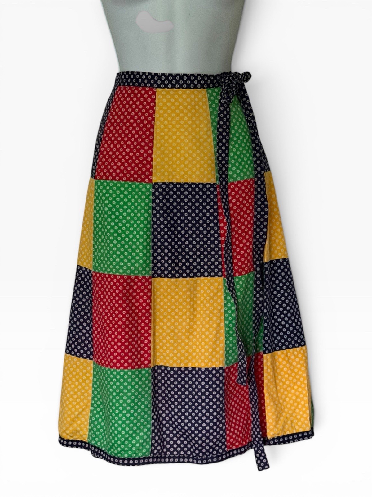 Vintage 70s Najla NY Patchwork Wrap Around Midi Skirt Bright Cotton Lightweight