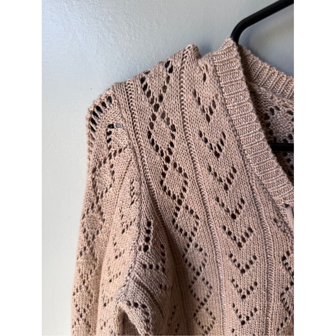 Boho Coquette Women’s Medium Pointelle Knit Lace-Up Sweater Blush Pink