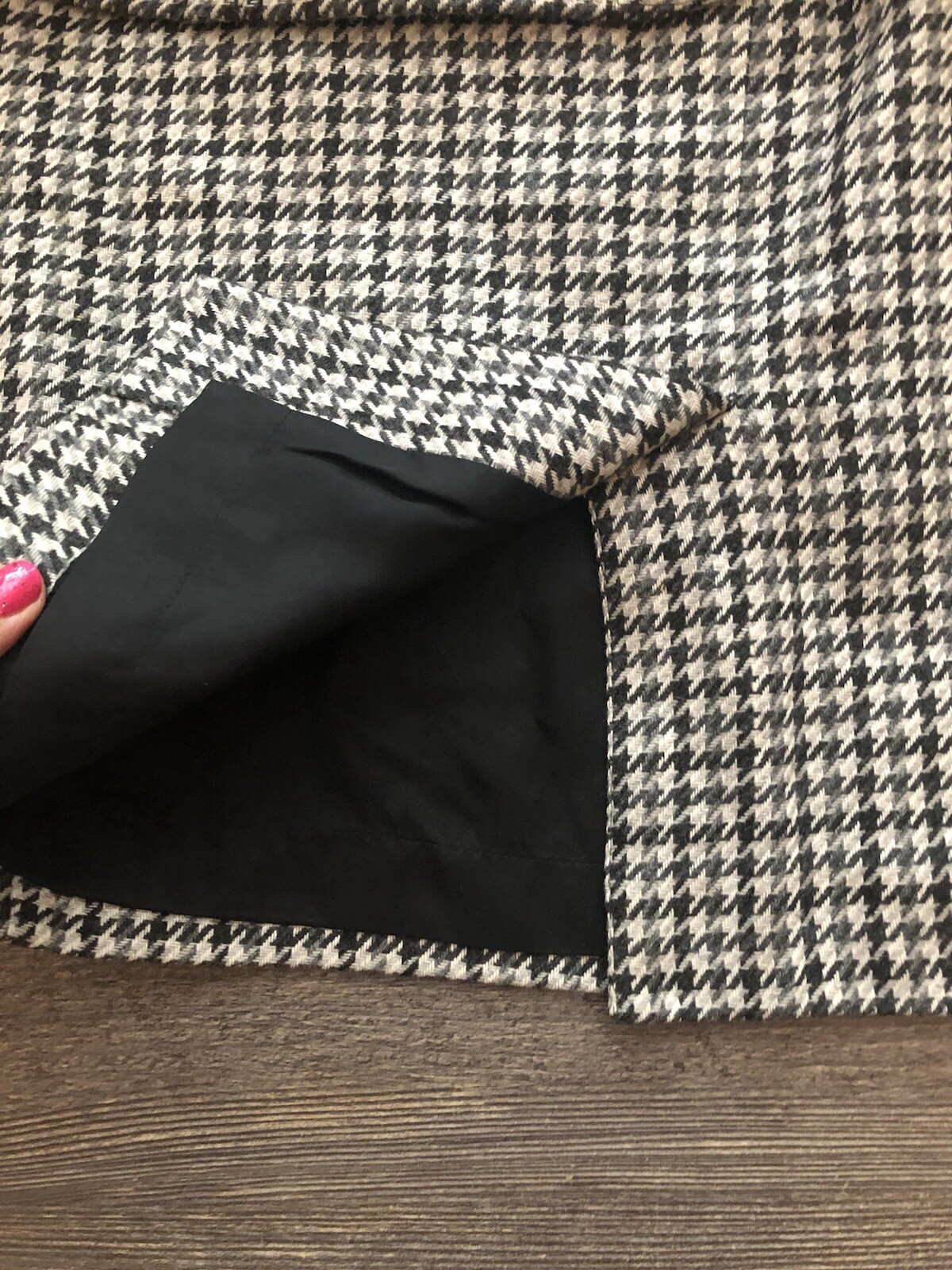 Spiegel Vintage Career Skirt Suit Black Tan Grey Houndstooth Wool Blend Size 14.