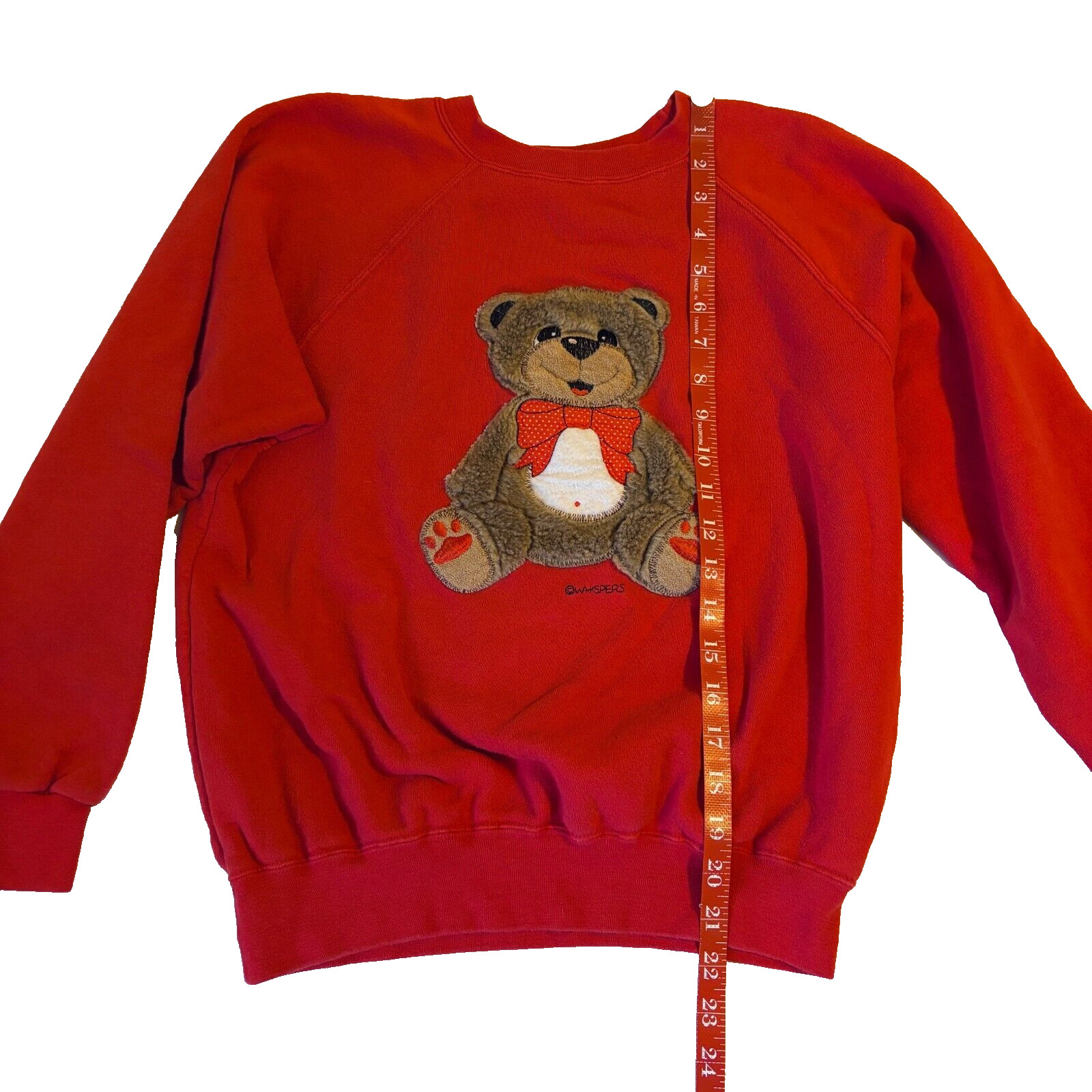 Vintage 90s Whispers Teddy Bear Red Raglan Sweatshirt Fur 3D Applique Womens XS