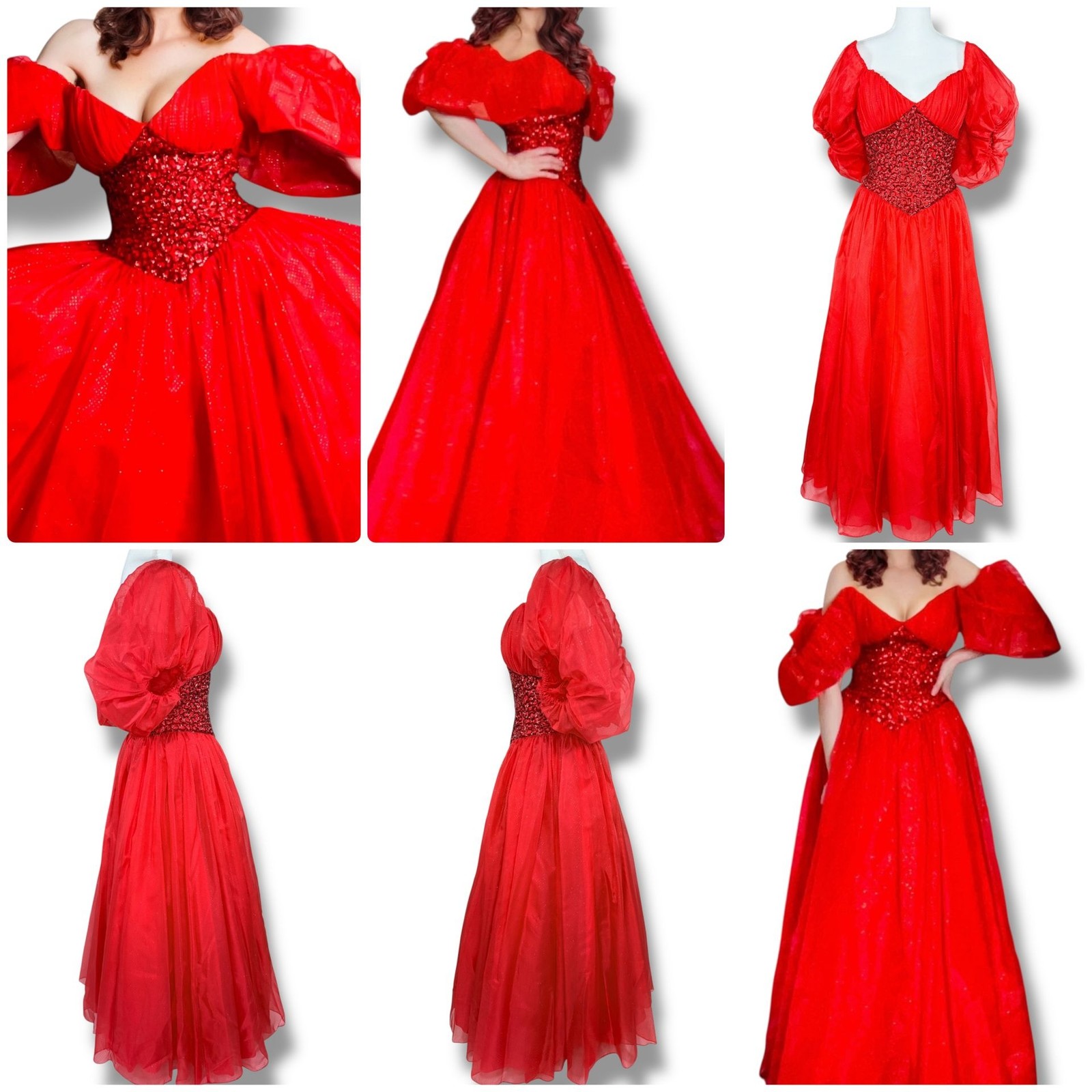 Vintage Mike Benet Red Off the Shoulder Ball Gown Style Gown Dress 8 / Small 25″
