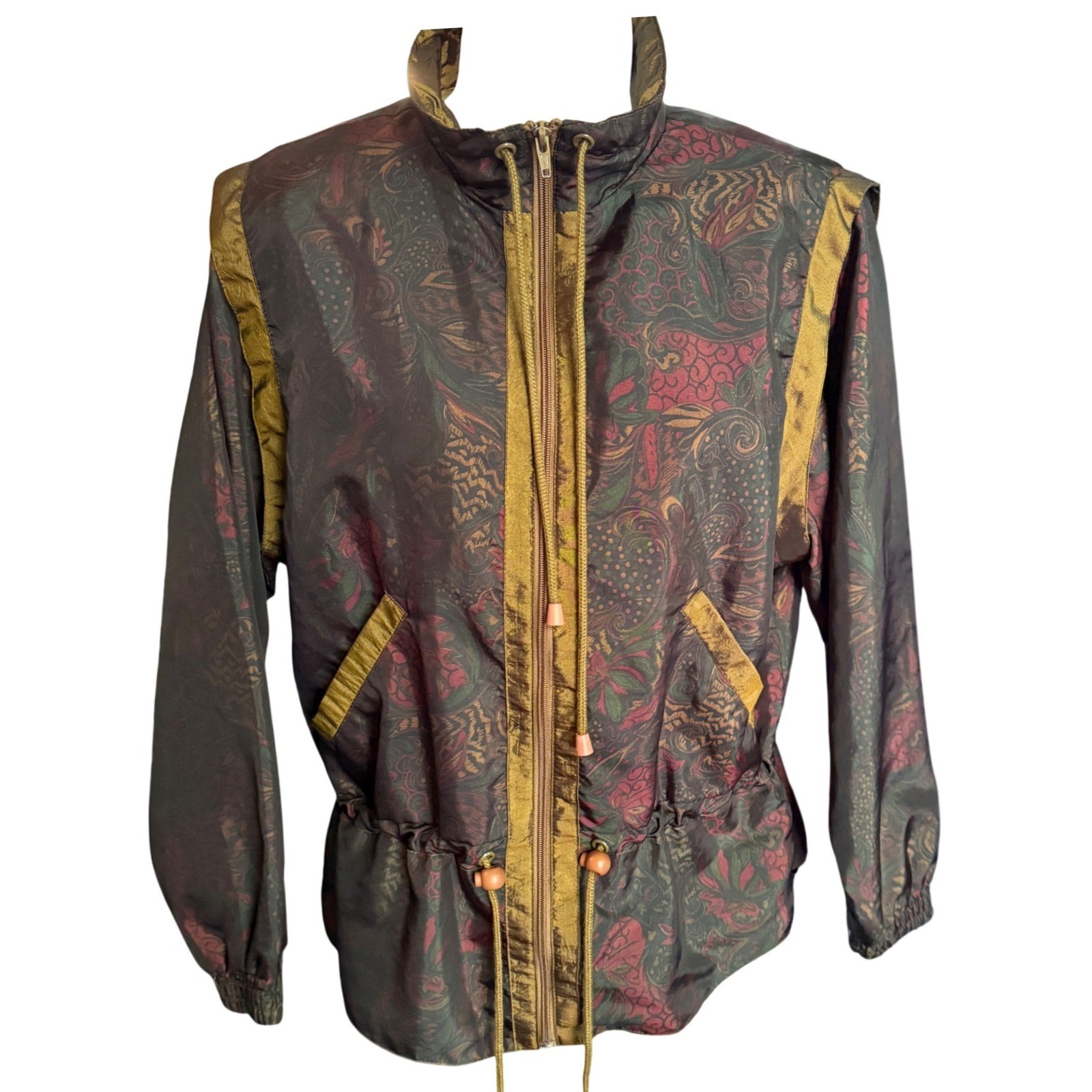 Sunterra Petite Vintage 80s Paisley Windbreaker Jacket Zip Up Cinched Waist PM