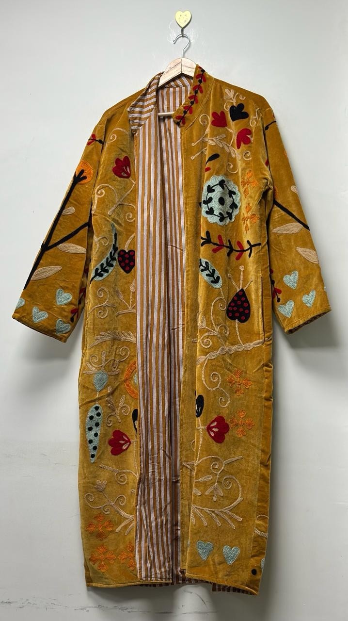 Mustard Velvet Suzani Coat Embroidered Floral Boho Long Gown & Boho Jackets US